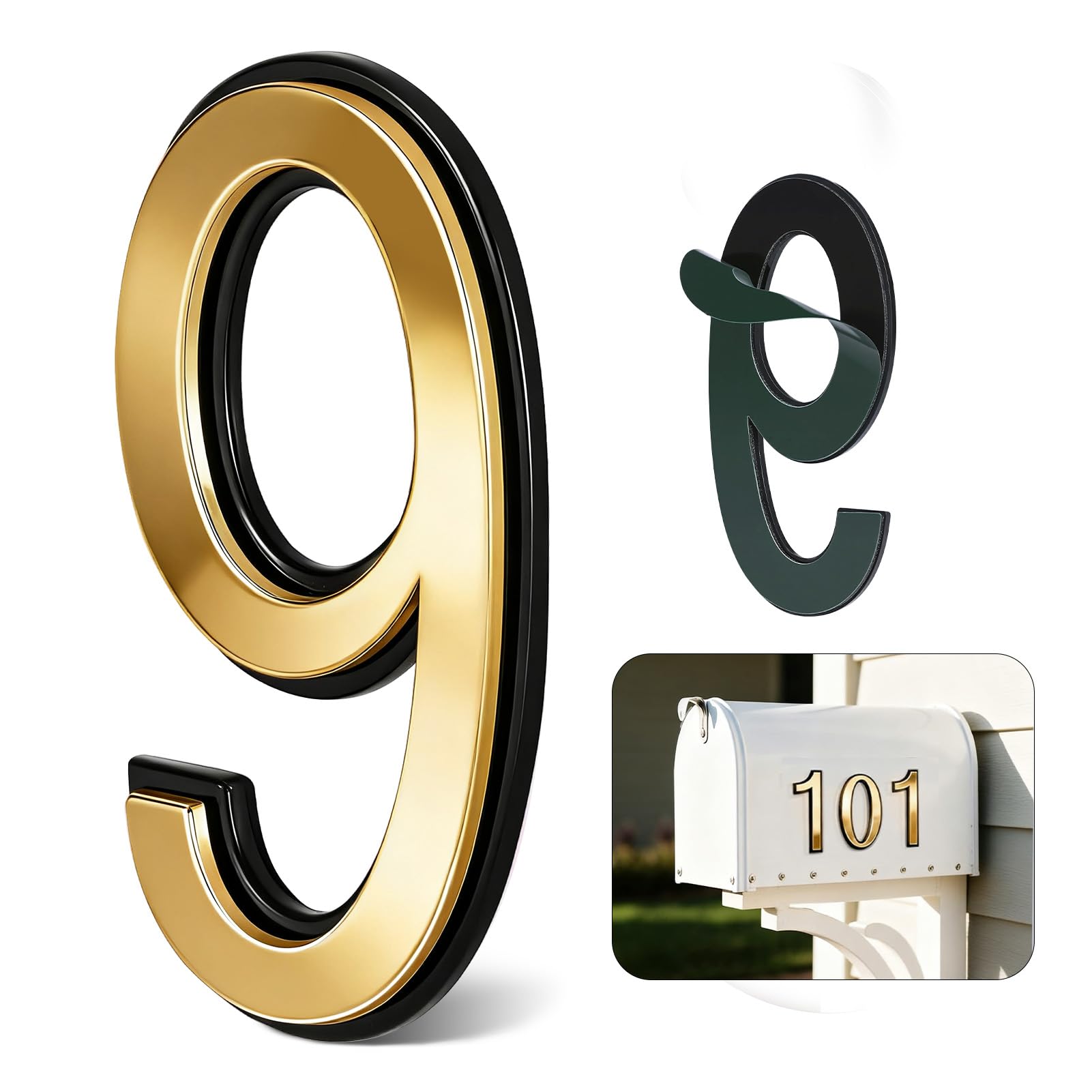 4 Inch Gold House Numbers for Outside, VONDERSO Self-Adhesive Mailbox Numbers with Exclusive Electroplated Finish and Durable ABS Base, for House Plaques, Mailbox, Yard, Garage – Plaque Number ‘9’
