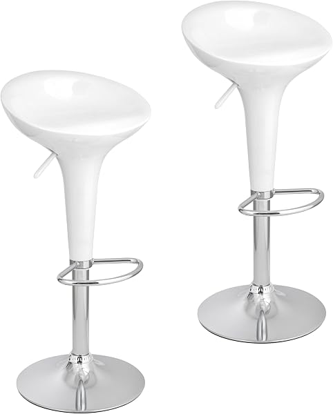 Baroni Home 2 Swivel Bar Stools with Adjustable Height, Plastic Seat, Chrome Base with Footrest and Anti-Scratch Bottom, Kitchen and Peninsula, 40 x 45 x 59-79 cm, White 2 Pieces - 1