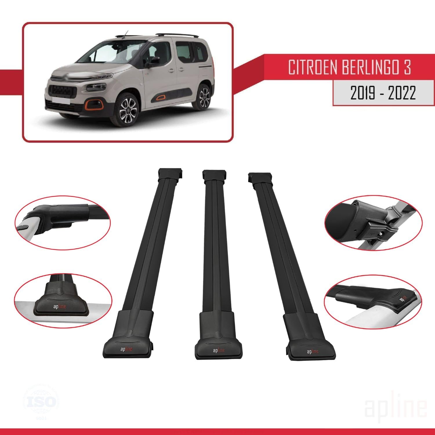 Kompatybilny z Citroen Berlingo 3 (K9) 2019-2022 FLY Model Aluminiowe poprzeczki dachowe Czarny 3 szt.