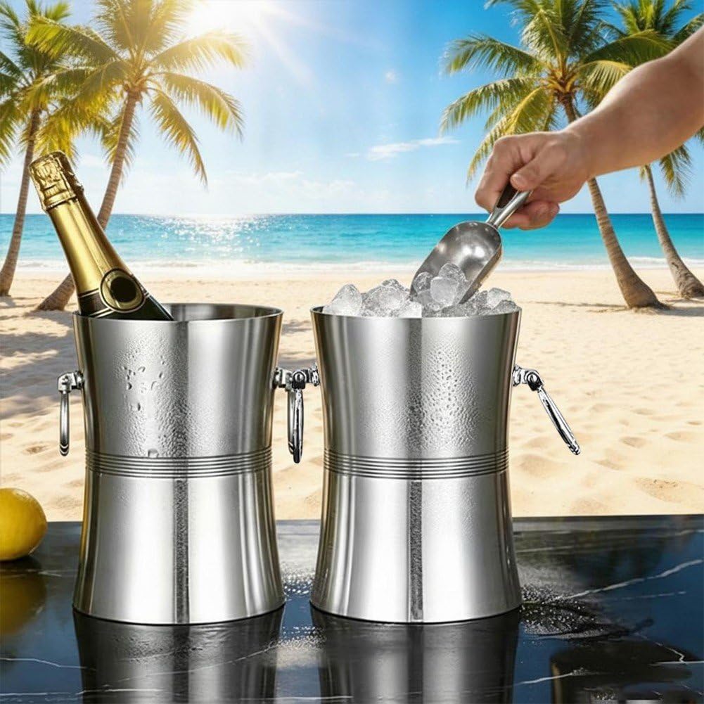 Cubitera De Acero Inoxidable De 3 litros con Asas, Doble Capa, para Vino, Bebidas, Cerveza Y Cócteles, Ideal para Bares, Fiestas Y Karaokes.
