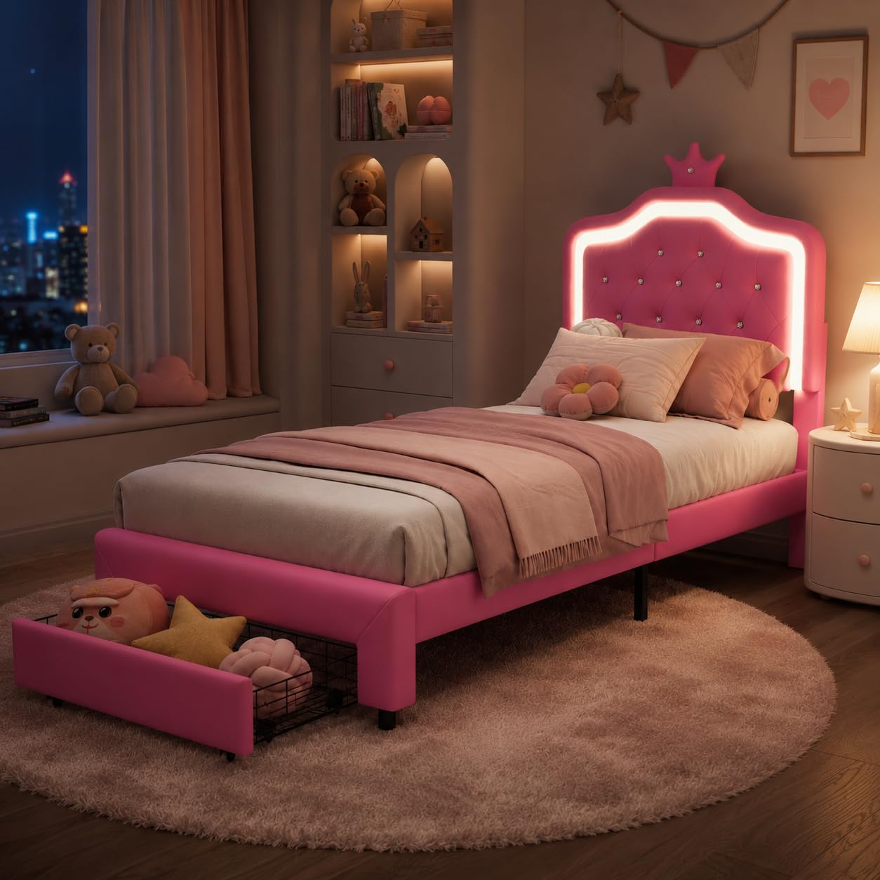 Cama para Niña 90x200 con LED RGB, Regulable en Altura, Cama Individual con contenedor, Cama Infantil, en Forma de Corona, Somier de Láminas de Madera, PU, Sin colchón (Rose-C, 90x200 cm)