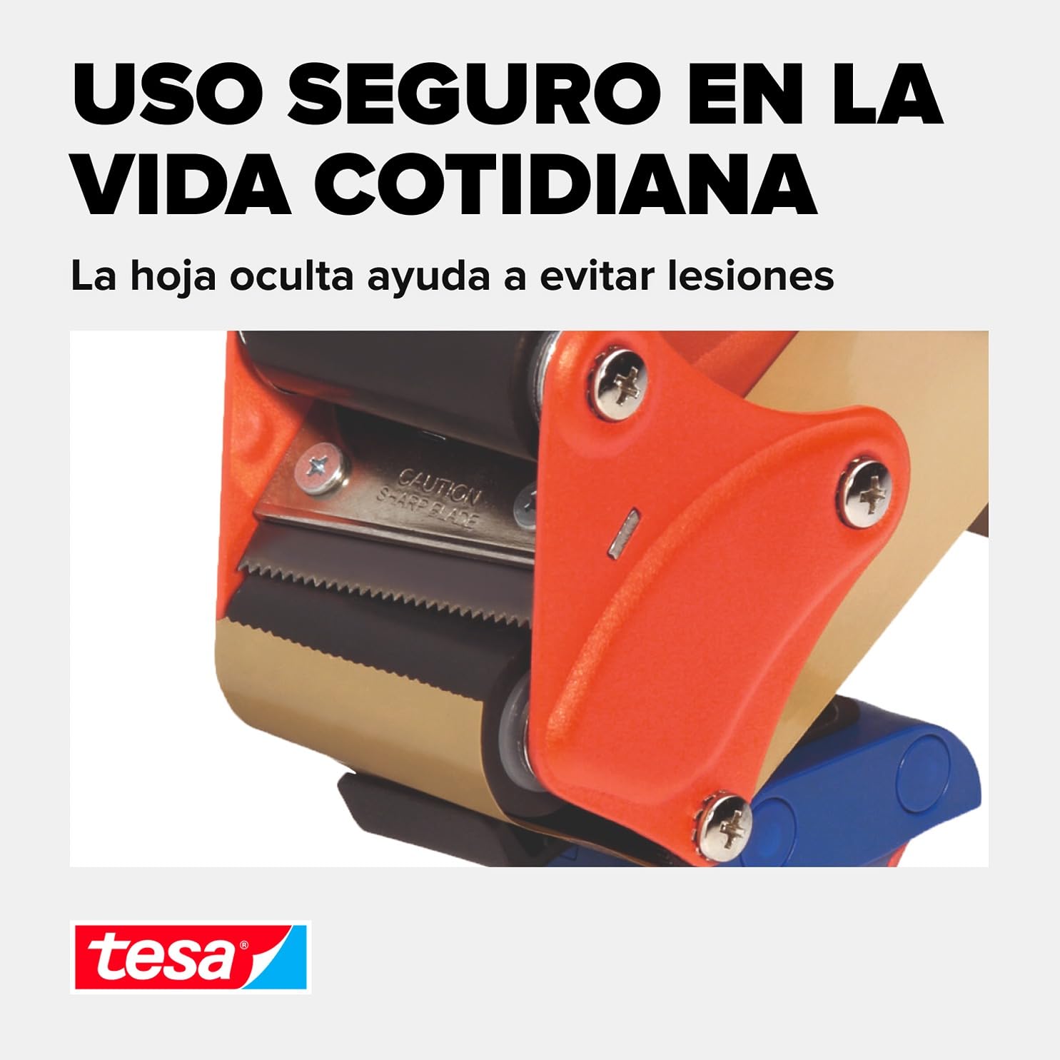 tesa tesapack® - Dispensador Manual Premium - Precintadora de Cintas para Embalaje Profesional - Ergonómico y Robusto - Para Rollos tesa® de hasta 50 mm de ancho - Color: Azul y Rojo