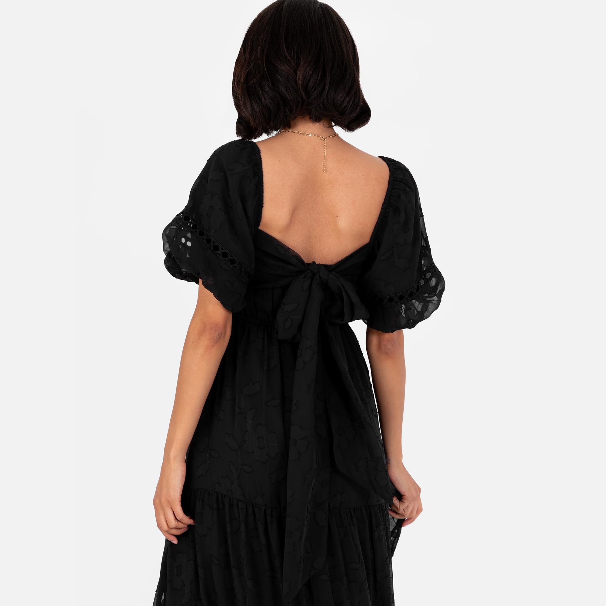 Lovedrobe Women's Maxi Dress Ladies Square Neckline Puff Sleeve Tiered Hem Floral Chiffon Shirred A-Line Tie Back Milkmaid Dress Mujer (Pack de 1)