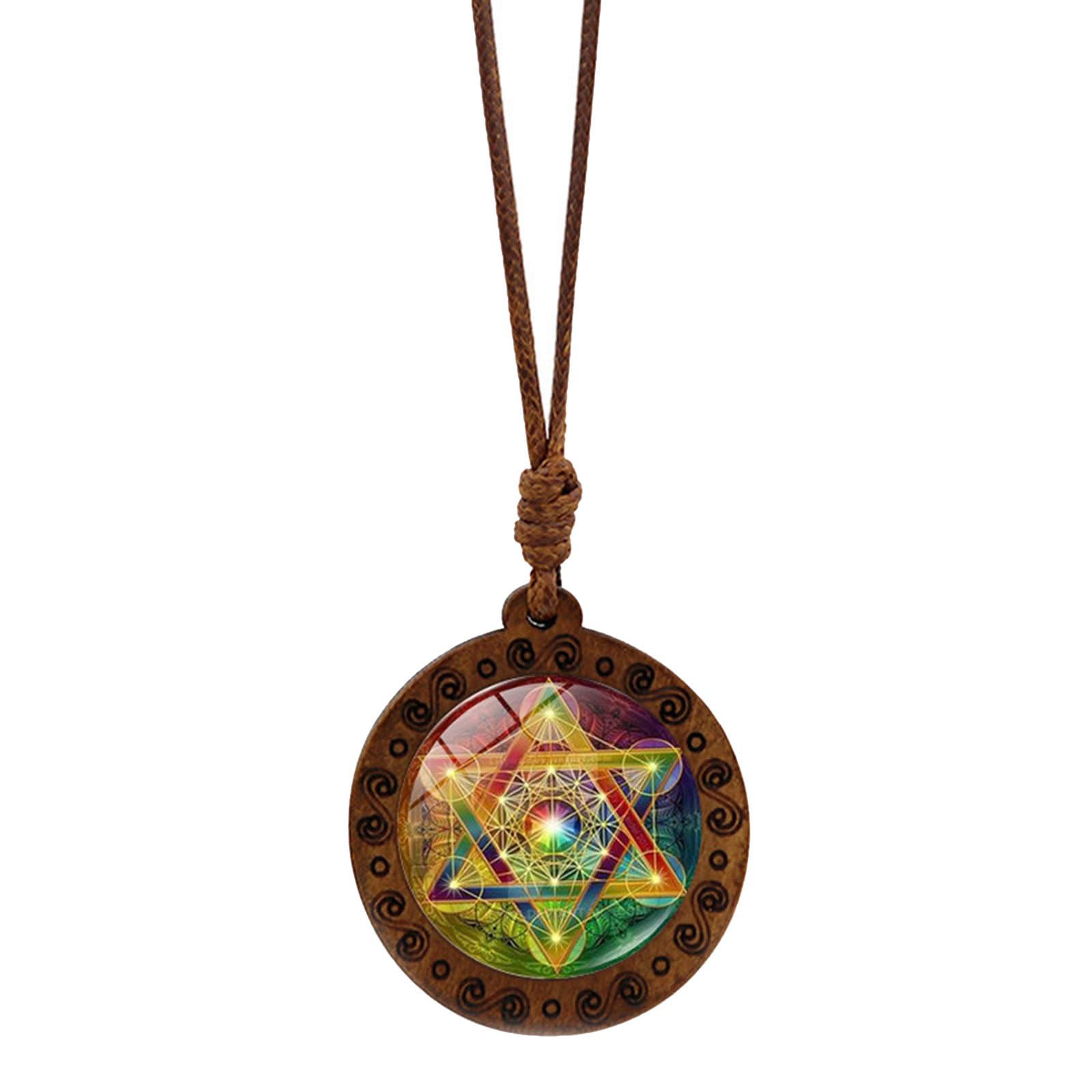 Luckgoni Women's 2 Elegant Wood Metatron Cube Necklace Sacred Geometry Hexagram And Sri Yantra Amulet Neckchain Adjustable Length Choker