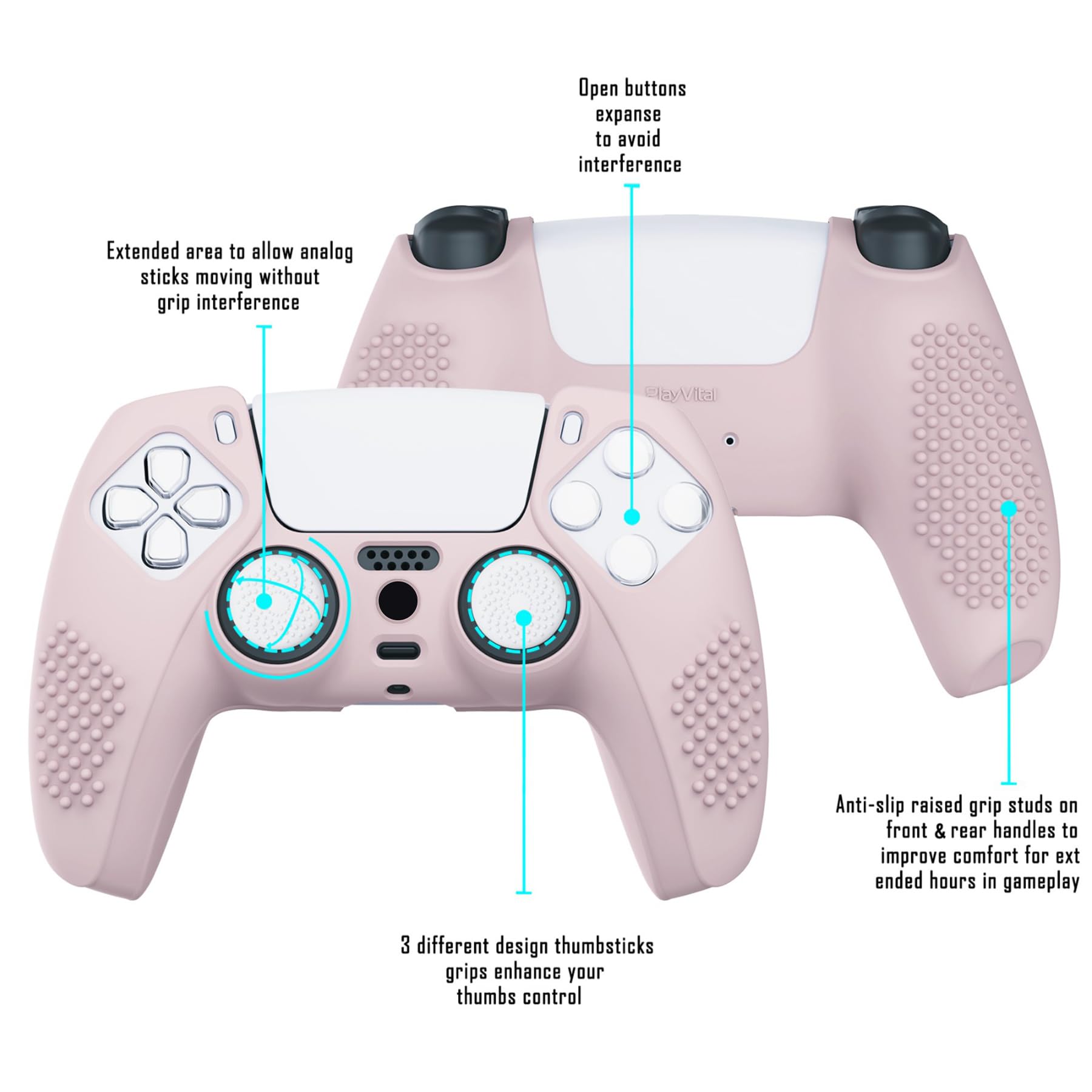 eXtremeRate PlayVital Cherry Blossoms Pink 3D Studded Edition Anti-slip Silicone Cover Skin for ps5 Controller, Soft Rubber Case for ps5 Wireless Controller with 6 White Thumb Grip Caps - 4