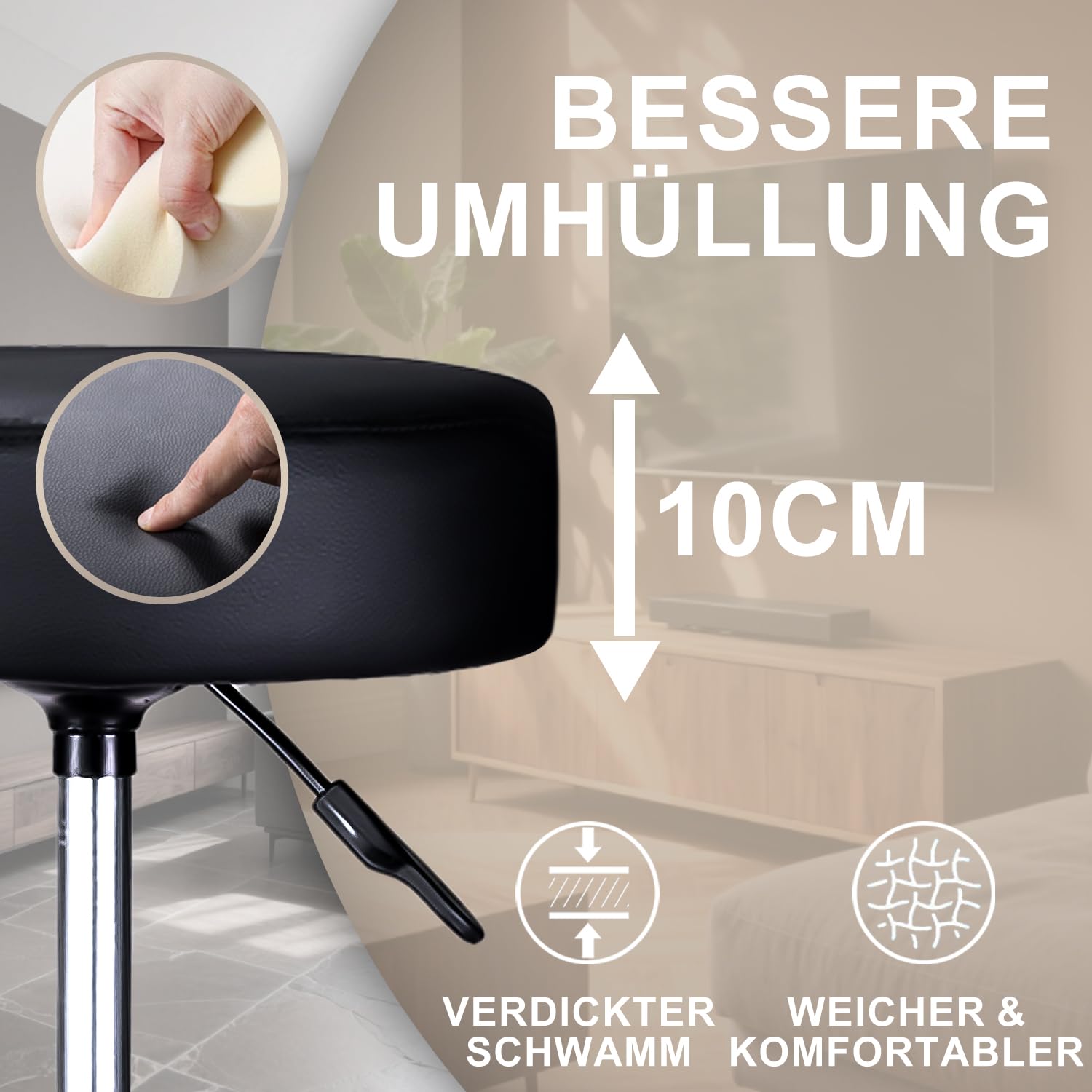 Zedelmaier Rollhocker höhenverstellbar, Bürohocker mit Gummirollen, 360° drehbar Hocker mit Rollen & 10 cm Polsterung, Sitzhocker Werkstatt, Drehhocker ergonomisch, Sitzhöhe 44–58 cm, Schwarz
