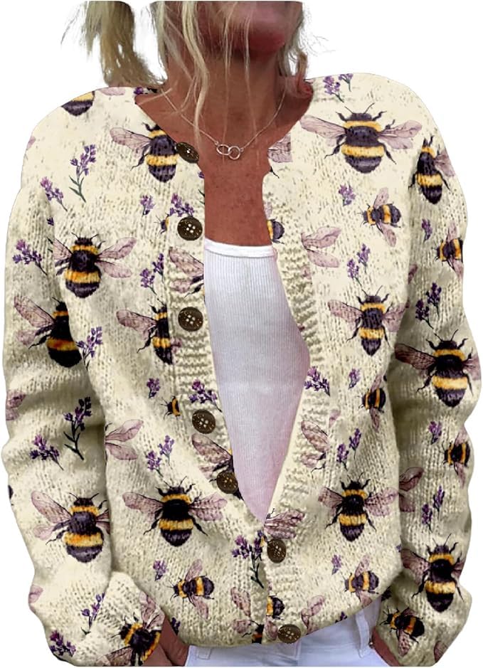 Womens Button Down Knit Cardigan Sweater Long Sleeve Lightweight Casual Layering Top with Floral Animal or Patterned Print