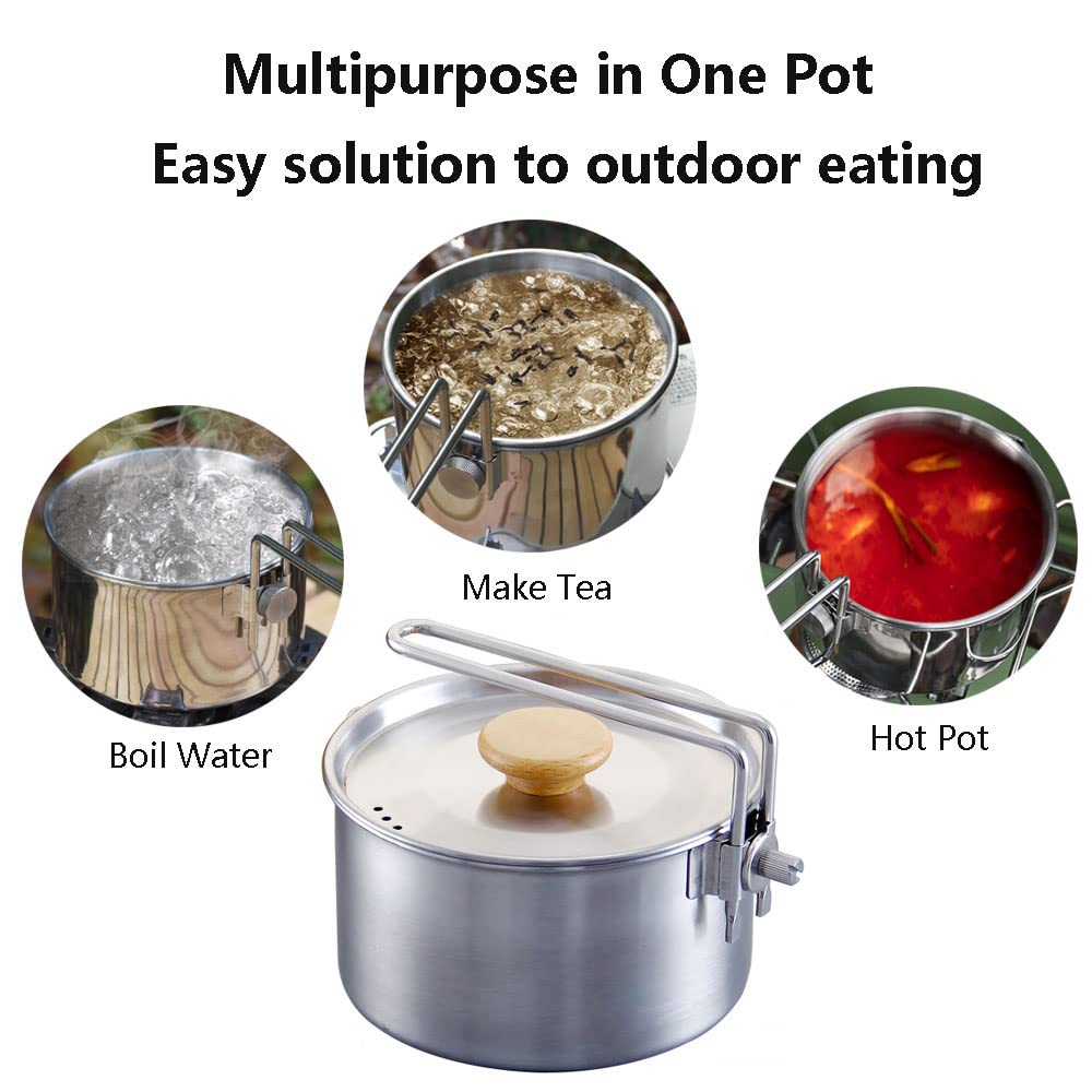 Gavetta Campeggio Acciaio Inox, Pentole Campeggio con Manici Pieghevoli e Coperchio, per Barbecue, Campeggio, Arrampicata,Trekking