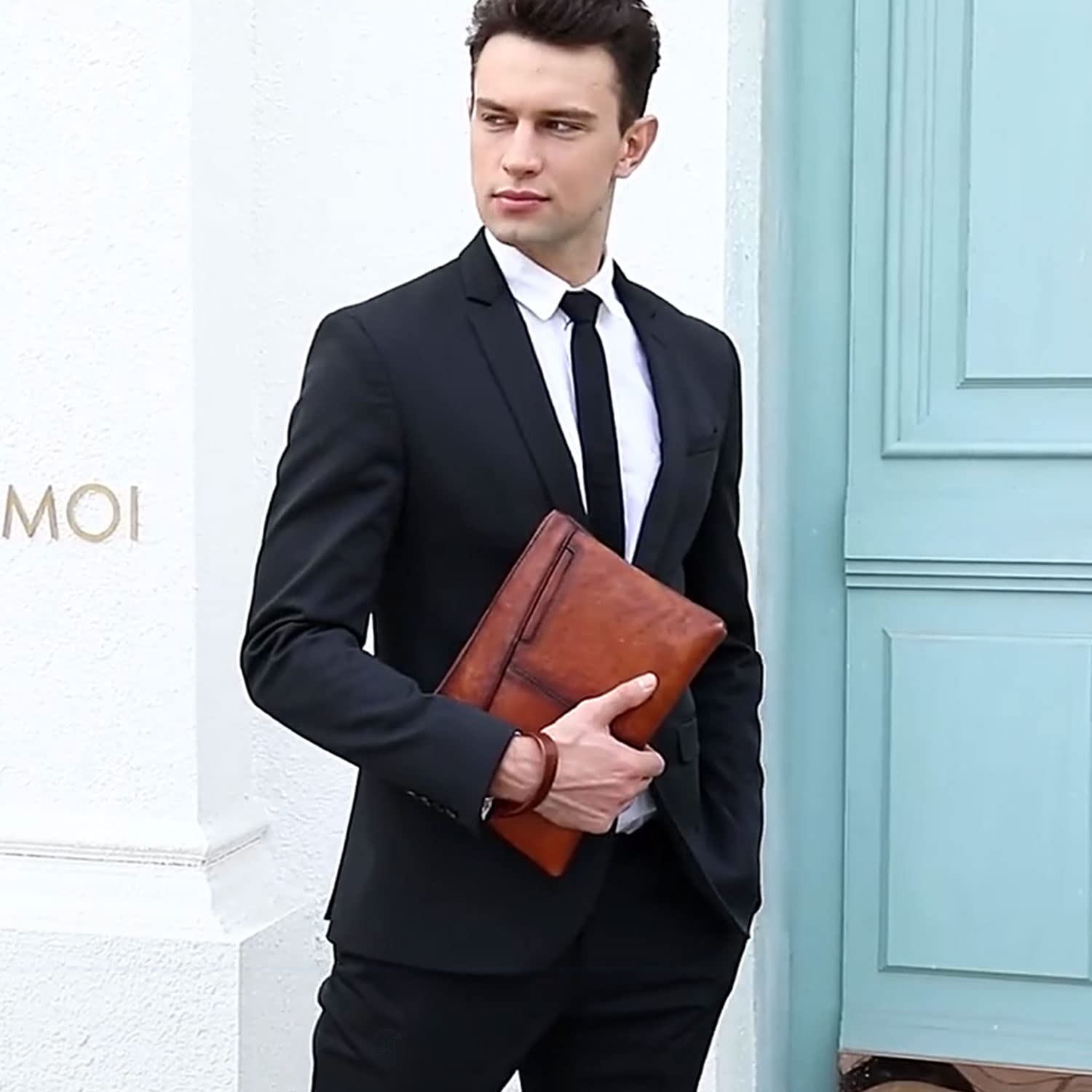 Bolsa de Mano para Hombres en Cuero de Grano Calidad, Formal Bolsa Business con Correa de Mano, Cartera de Mano para Teléfono Móvil y Tableta de Hasta 9,7 Pulgadas, Bolso Clutch de Hombre