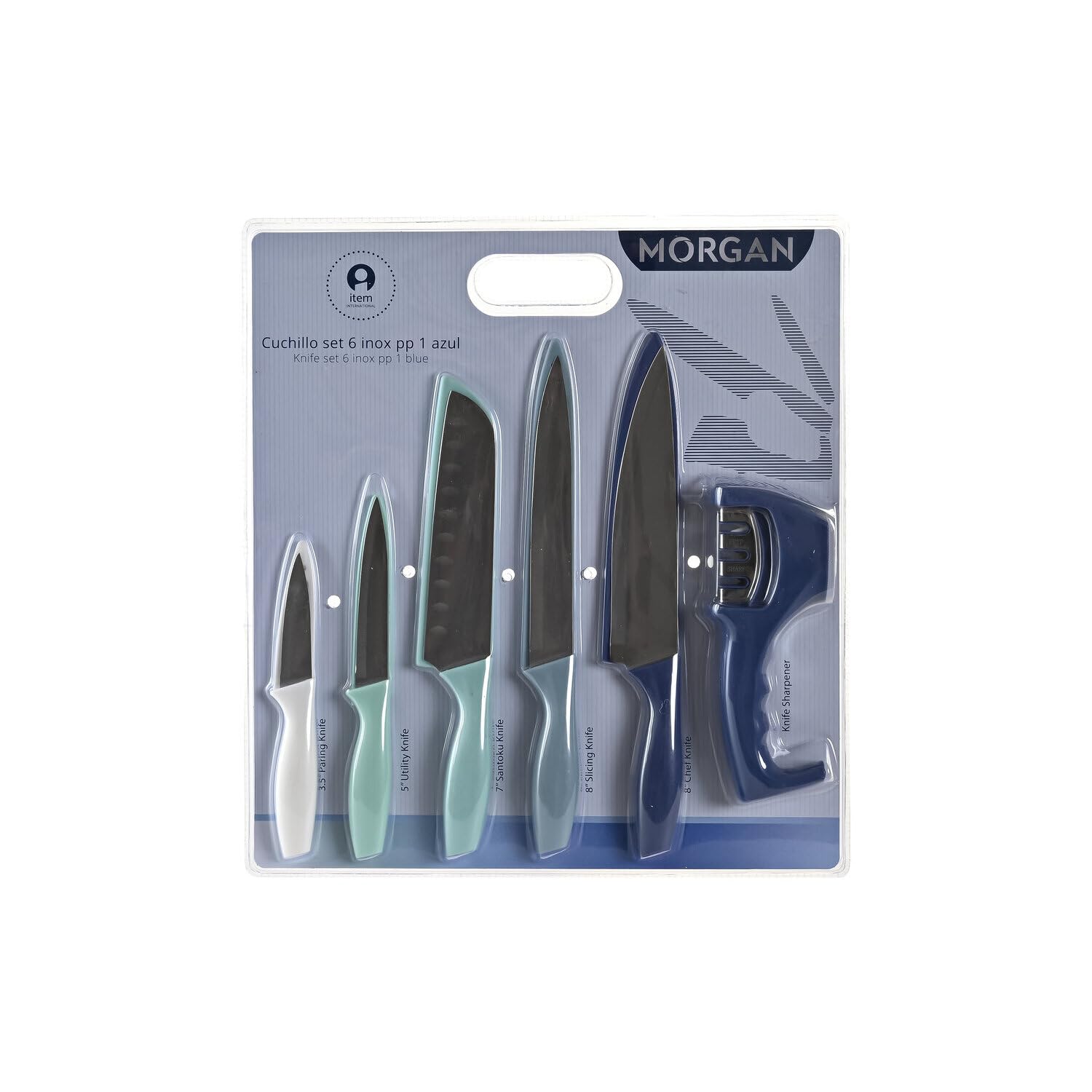 Couteau de cuisine inox bleu set de 6 pièces de 19cm