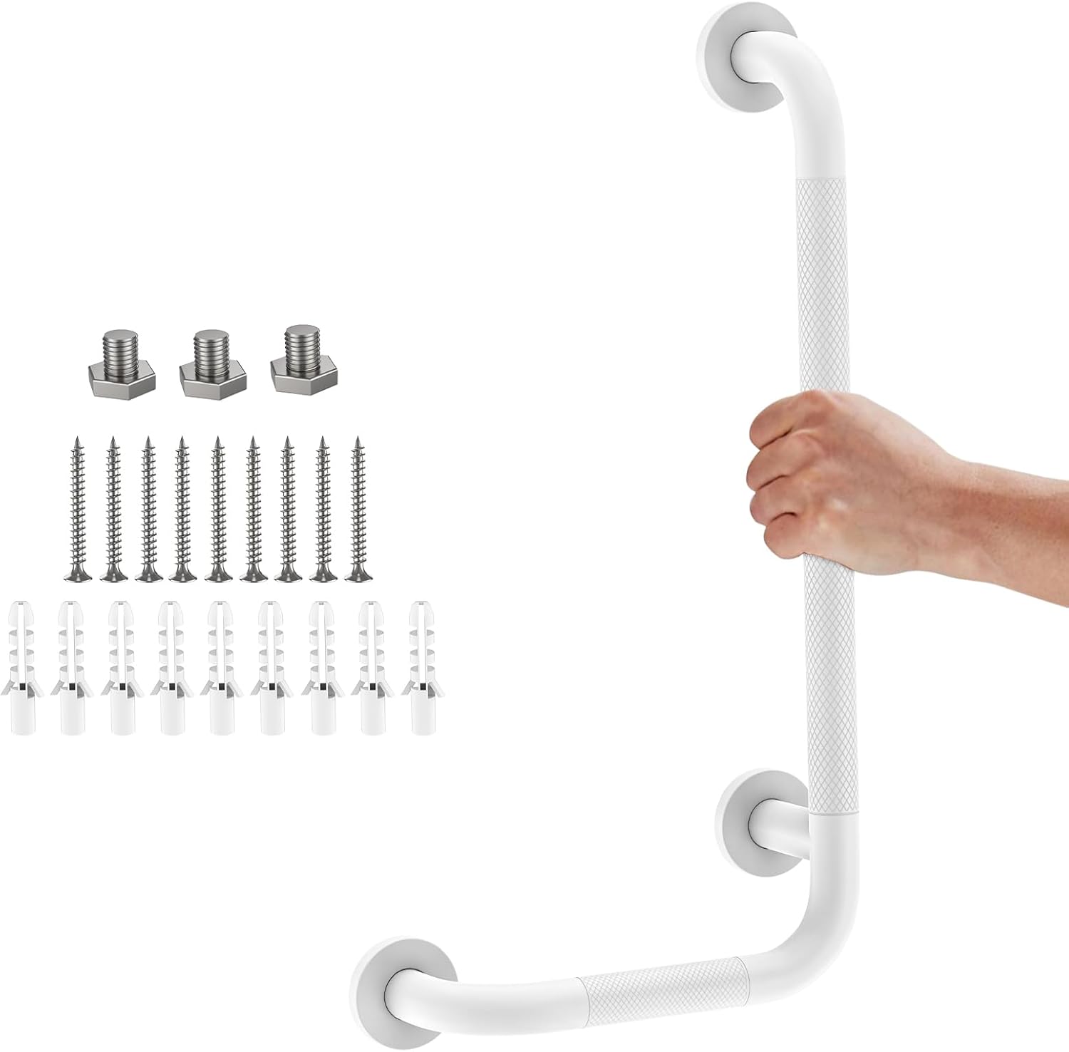 L-Shaped Angled Grab Bar 12x24 Inch White Anti-slip Knurled Shower Handle Wall Mount, 1.25" Diameter Shower Bars Safety for Seniors Injured Balance Support, Handicap Grab Bars for Bathtubs and Showers