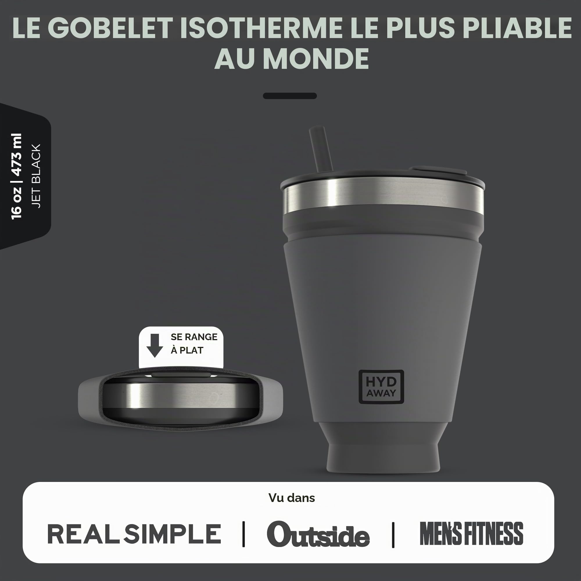 HYDAWAY Gobelet pliable avec couvercle et paille – Tasse de voyage isotherme en silicone, tasse de voyage pliable pour chaud et froid, tasse pliable pour café, thé, camping et randonnée, couvercle