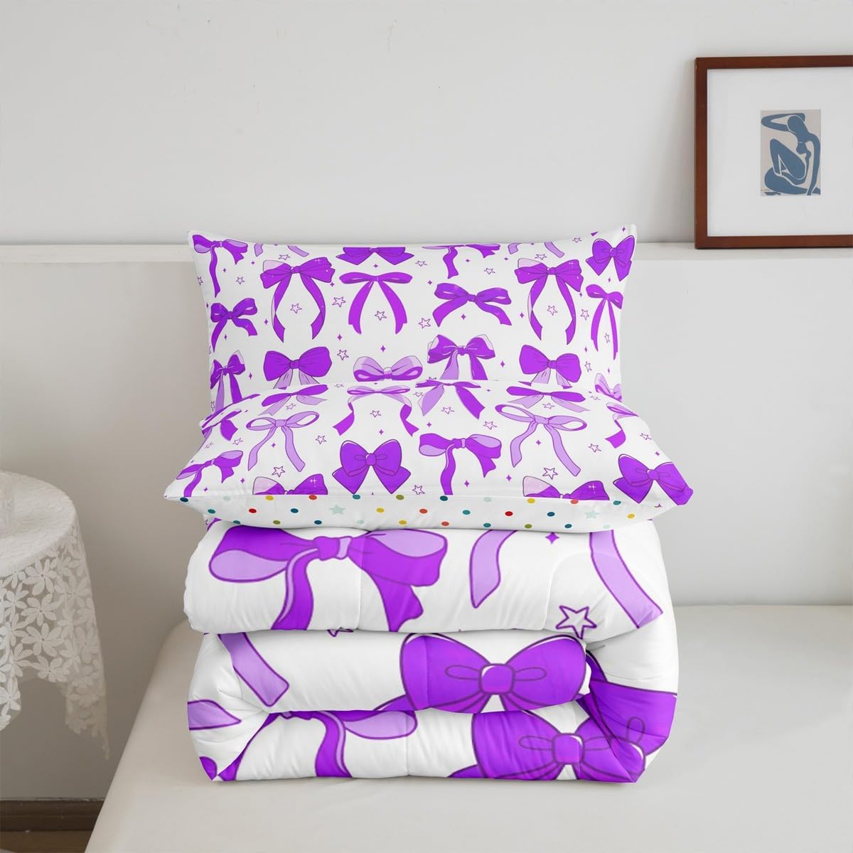 Feelyou Purple Bowknot Decoration Comforter Set Toddler Size for Girls Adults Watercolor Purple Bow Kids Kawaii Bedding Set Dreamy Princess Style Duvet Quilt with 1 Pillowcase