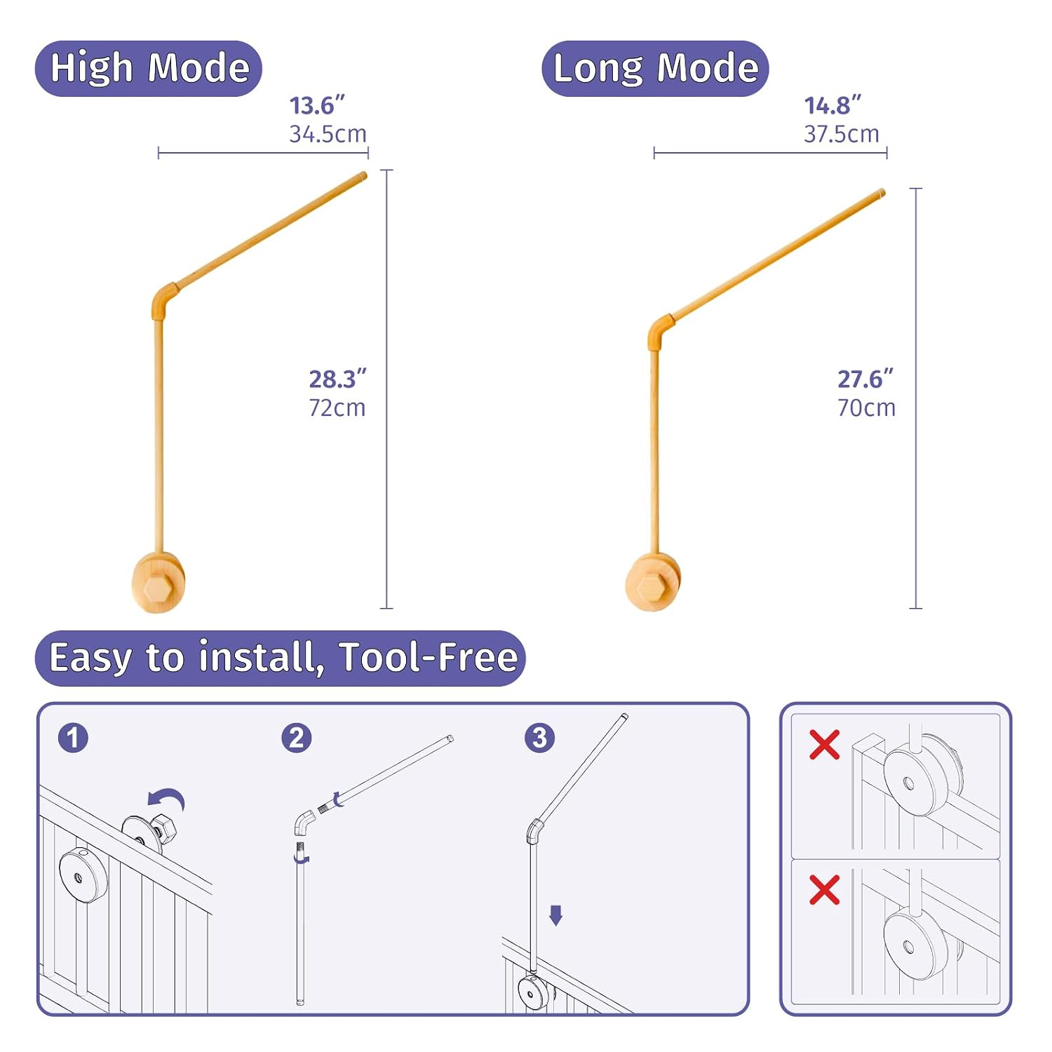 Baby Crib Mobile Arm, Unpainted Beech Wood, Rotatable Bed Mobile Holder, Adjustable Mounting Bracket