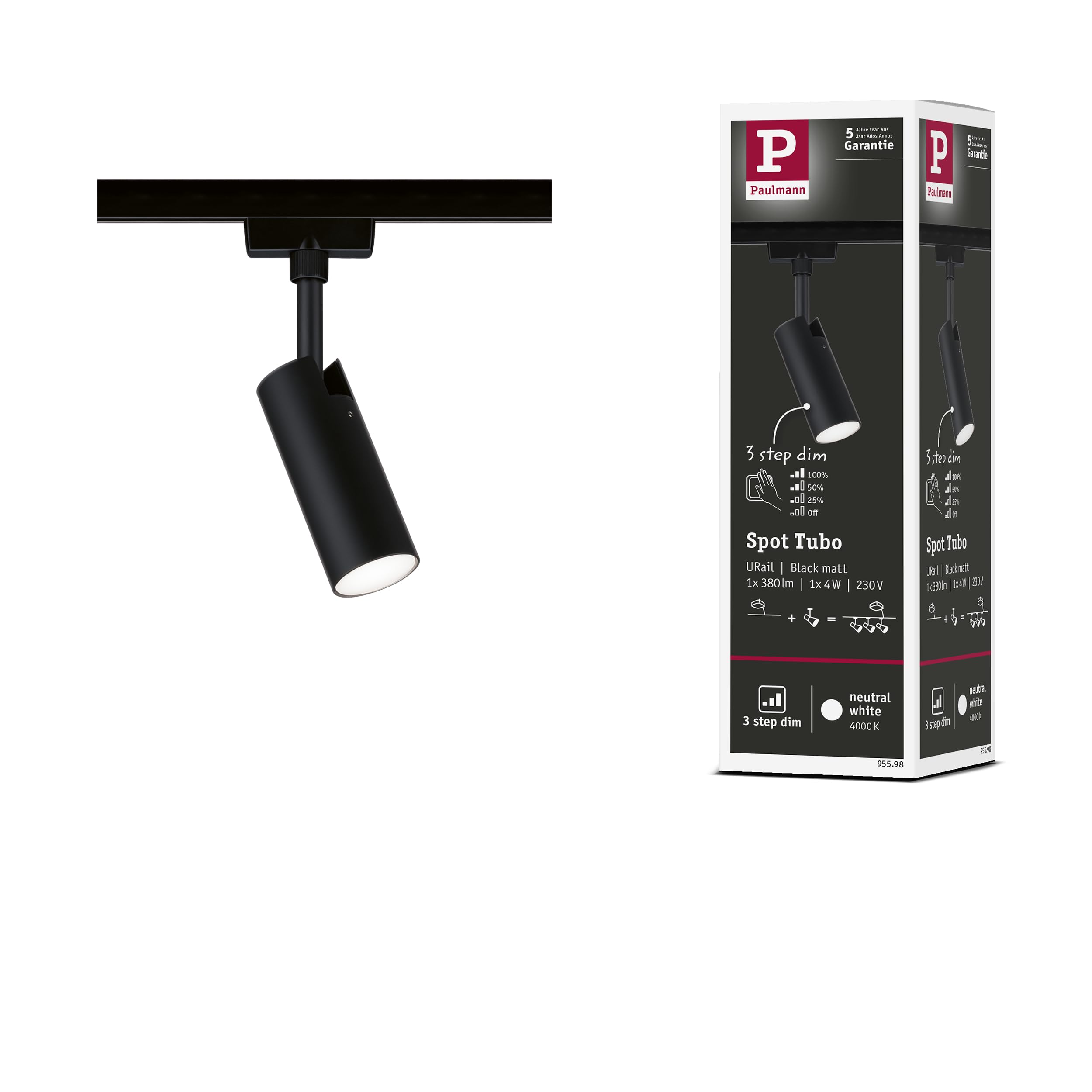 Paulmann 95598 3-Step-Dim Tubo URail LED Individual spot 170lm 4W 4000K dimmable 230V Black matt Rail System