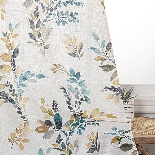 Image of MYSKY HOME Floral Linen Curtains 54 inch Length 2 Panels Set Leaf Patterned Semi Sheer Light Filtering Privacy Farmhouse Grommet Drapes for Bedroom Small Window, 52 inch Wide Each Panel, Yellow and Blue