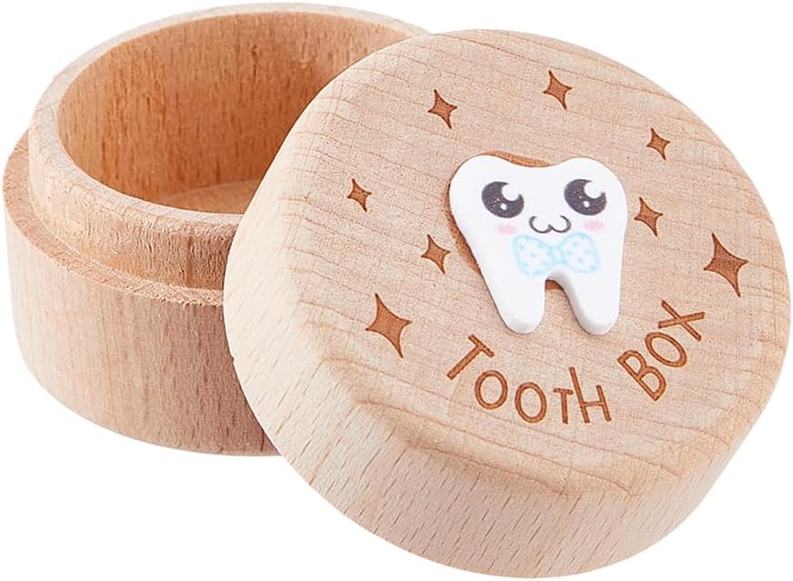 DICOSMETIC 1Pc Wooden Tooth Fairy Box 2x1.5 Inch Tooth Holder Round Adorable Teeth Keepsake Case Carved Star Teeth Fairy Storage Container for Birthday Shower Gift