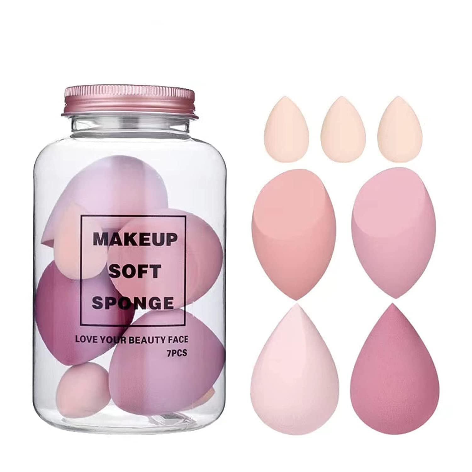 INOGMakeup Sponge Set with Storage Jar, 7 Pcs Makeup Blender Sponges (4 Large + 3 Mini), Latex-Free Beauty Blender for Liquid Foundation, Concealer, Cream, Powder & BB Cream, Wet & Dry Use, Assorted Colors-image-13