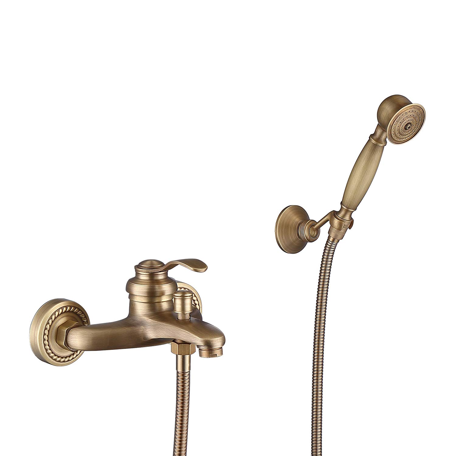 Homelava Grifo de Ducha Antique con Alcachofa de Mano, Grifo Bañera y Ducha de latón, Montaje en pared, con 150 cm Manguera y Soporte