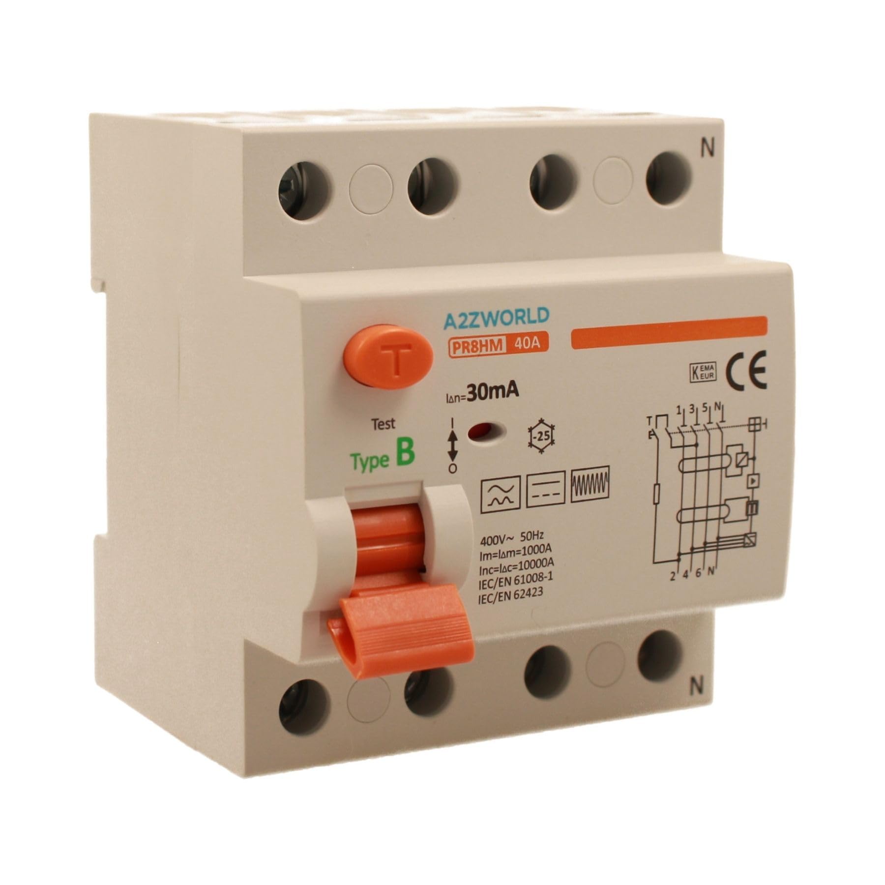 A2ZWORLD Interruttore Differenziale Tipo B Trifase, RCCB Classe B 30mA 4P 40A, 3P+N 4 Poli 10kA AC 400V, Occupa 4 Moduli Barra DIN