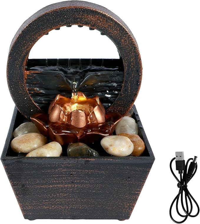 Tabletop Fountain with LED Light, Creative Small Waterfall for Relaxation, Desktop Water Fountain Decoration for Meditation, Office, Bedroom, and Home Décor
