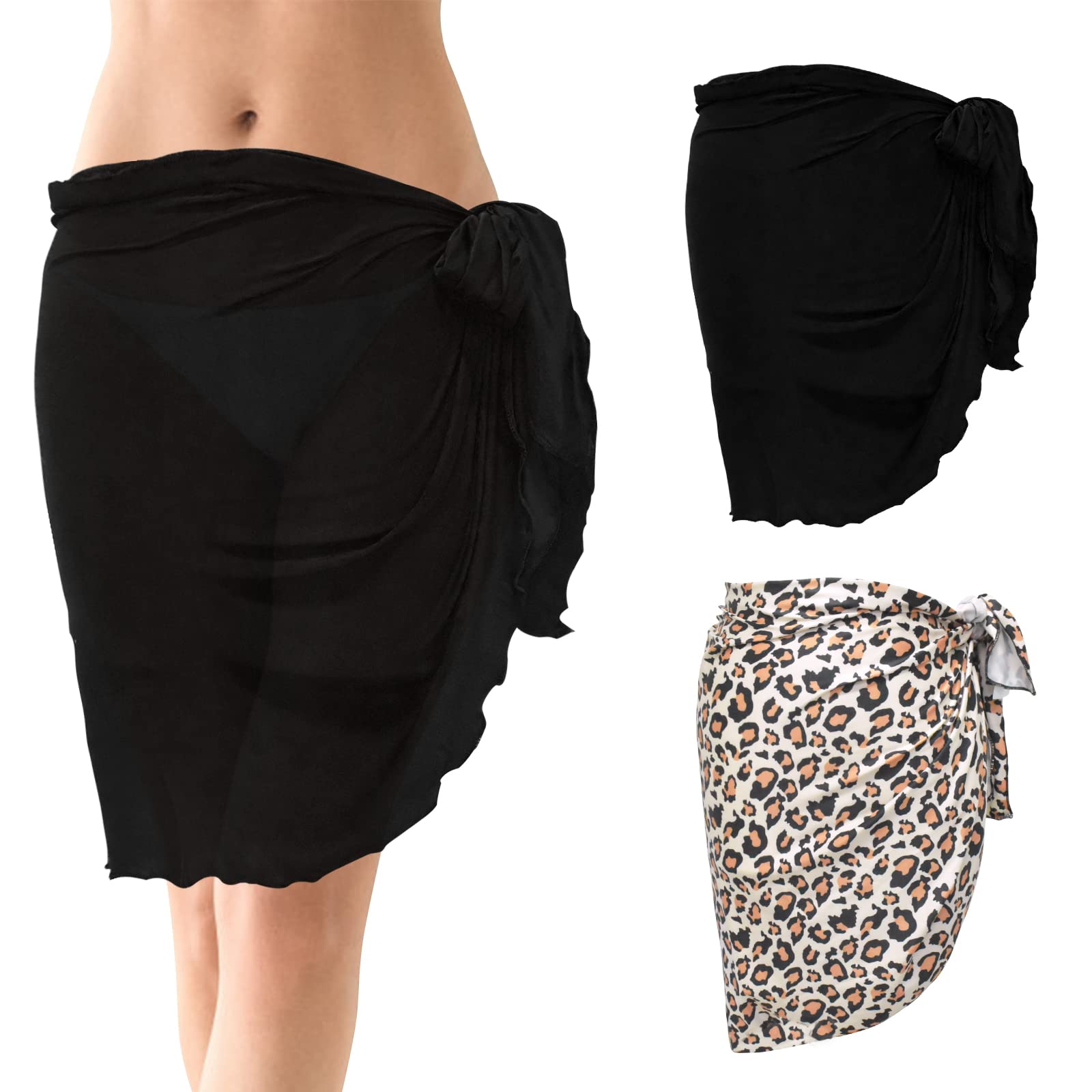 Daelesr 2 Pcs Pareo Playa Mujeres Negro Blanco, Vestido Envolvente Sarongs de Gasa, Sexy Bikini Cubierta Sarong Corto, Traje de Baño para Damas Mujer Vacaciones Piscina Verano Playa,156x50cm