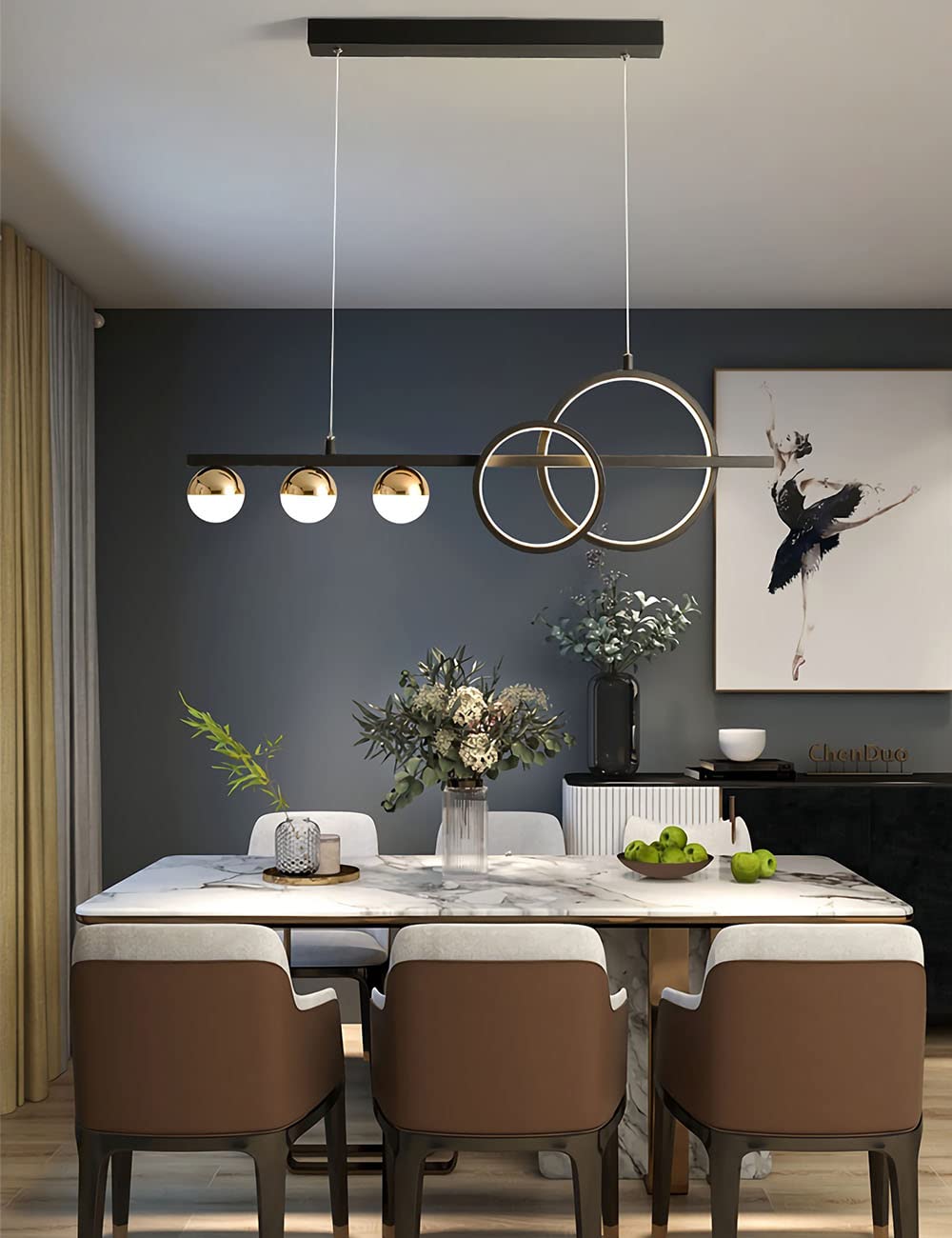 LED Pendant Lamp Dimmable Modern Dining Table Kitchen Light for Living Room Bedroom - Height Adjustable (Black, L80cm)