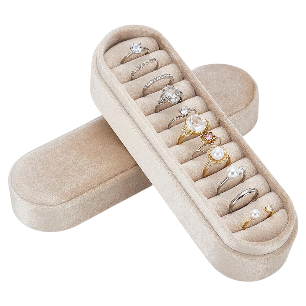 FINGERINSPIRE Velvet Small Multiple Ring Box Floral White Color Oval Jewelry Organizer 18.1x5.5x5.7cm with Soft Velvet Lining - Compact Rings Ear Stud Storage Display Case for Travel & Home