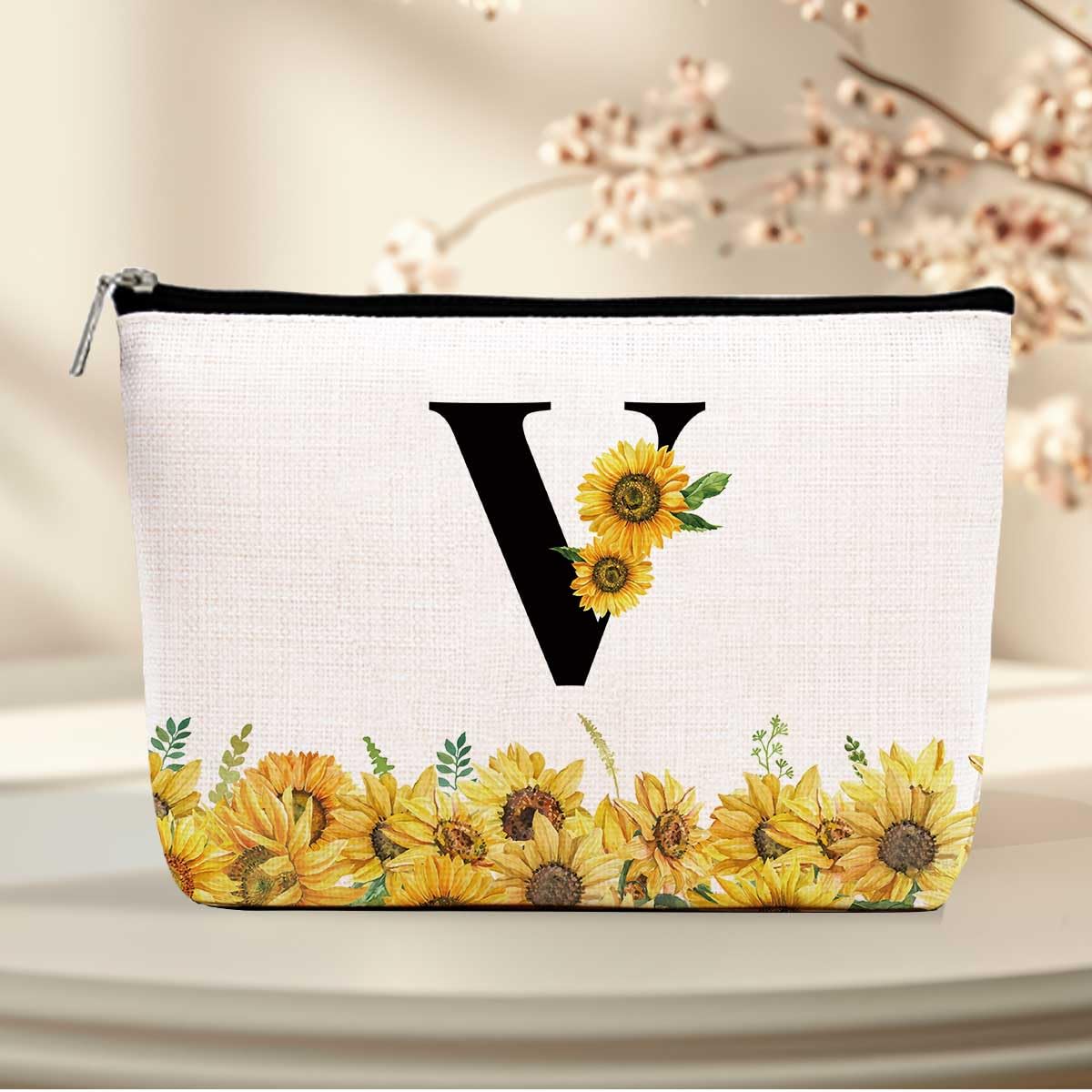 Personalized Initial Makeup Bag, Monogram Sunflower Travel Toiletry Make Up Bags Cute Preppy Cosmetic Bag A-Z, LCS Multicolor 00431, 9.8 × 7 × 2 inches