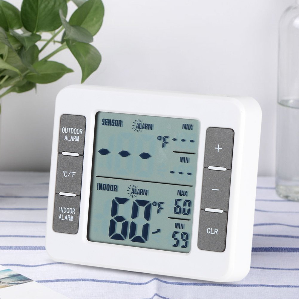 Digitale Termometro per Frigorifero Senza Fili Termometro del Frigorifero di Facile Lettura Internoesterno con Ampio Display LCD Memoria ad Alta Temperatura Bassa e Funzione di Allarme Udibile