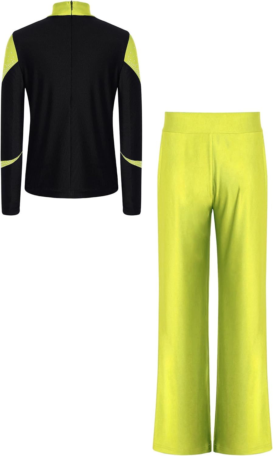 Kids Boys Figure Ice Skating Suit Long Sleeve Rhinestone Top with Pants Dance Outfit for Training Practice Fluorescent Yellow 12 Years