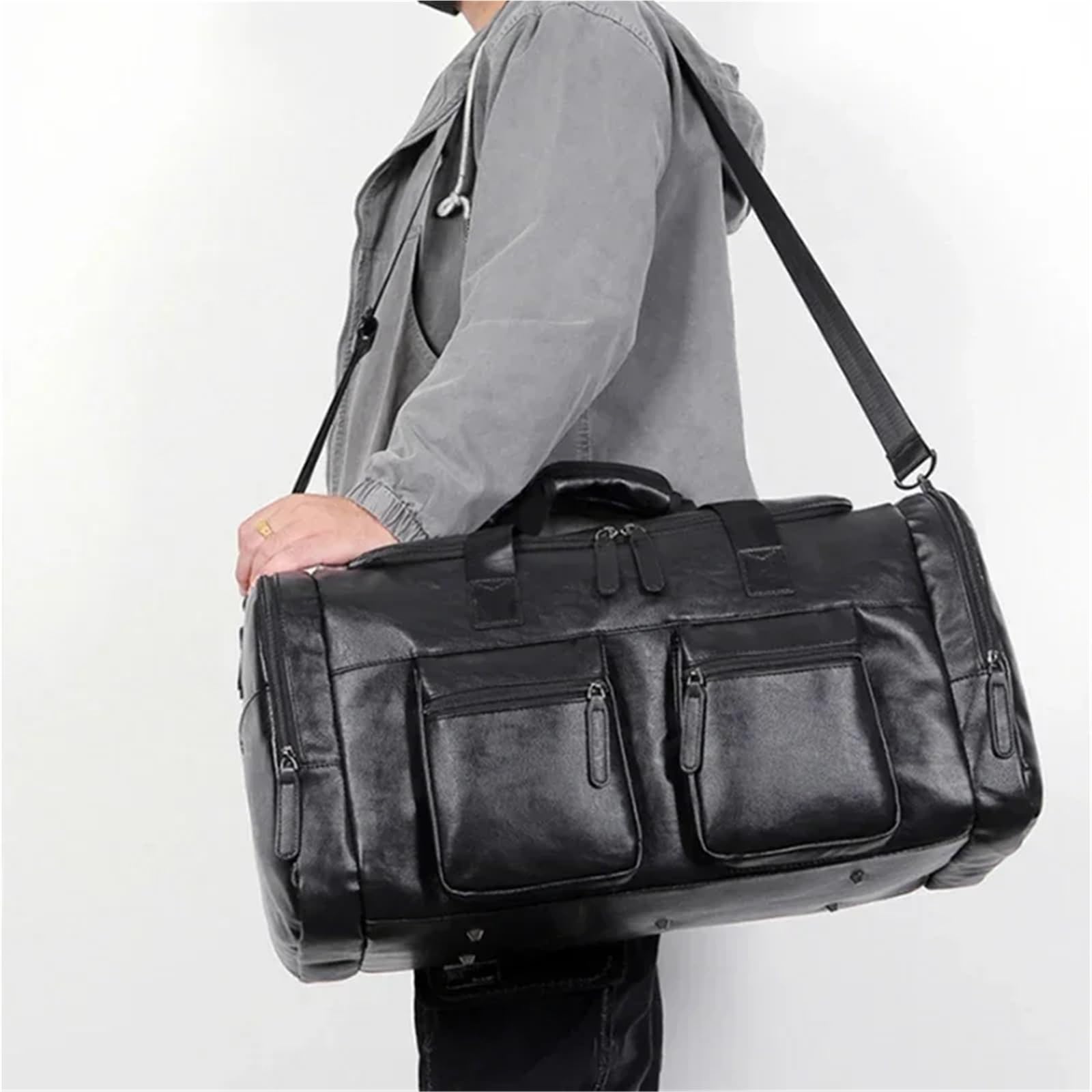 Borsone da Viaggio Pelle Borsa da viaggio for uomo d'affari di grande capacità, retrò, in pelle PU, con tracolla, for esterni(Black 1)