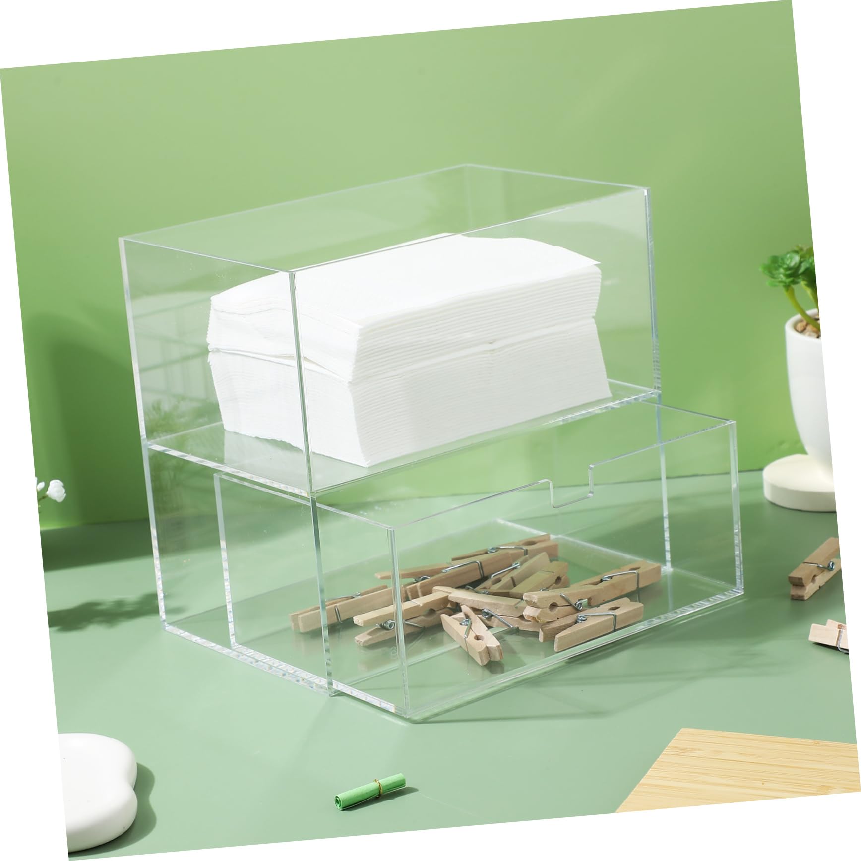 Aufbewahrungsbox mit Deckel aus Acryl und Bambus Wäschekapsel Organizer mit Doppeltem Fach für Geordnete Wäscheaufbewahrung im Waschraum