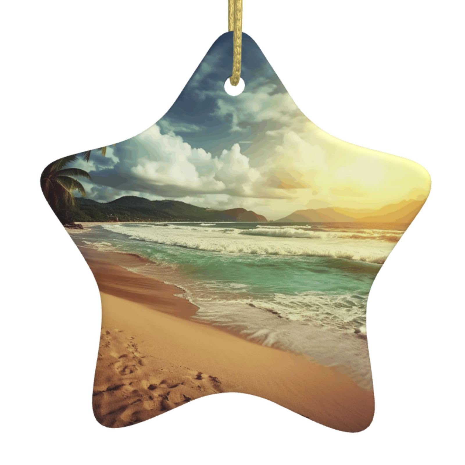 Ceramic Christmas Tree Hanging Ornaments with Gold Ropes Christmas Tree Decorations Star Ceramic Sunset on The Beach Pendant Keepsake Decorations for Holiday Xmas Gift Ideas