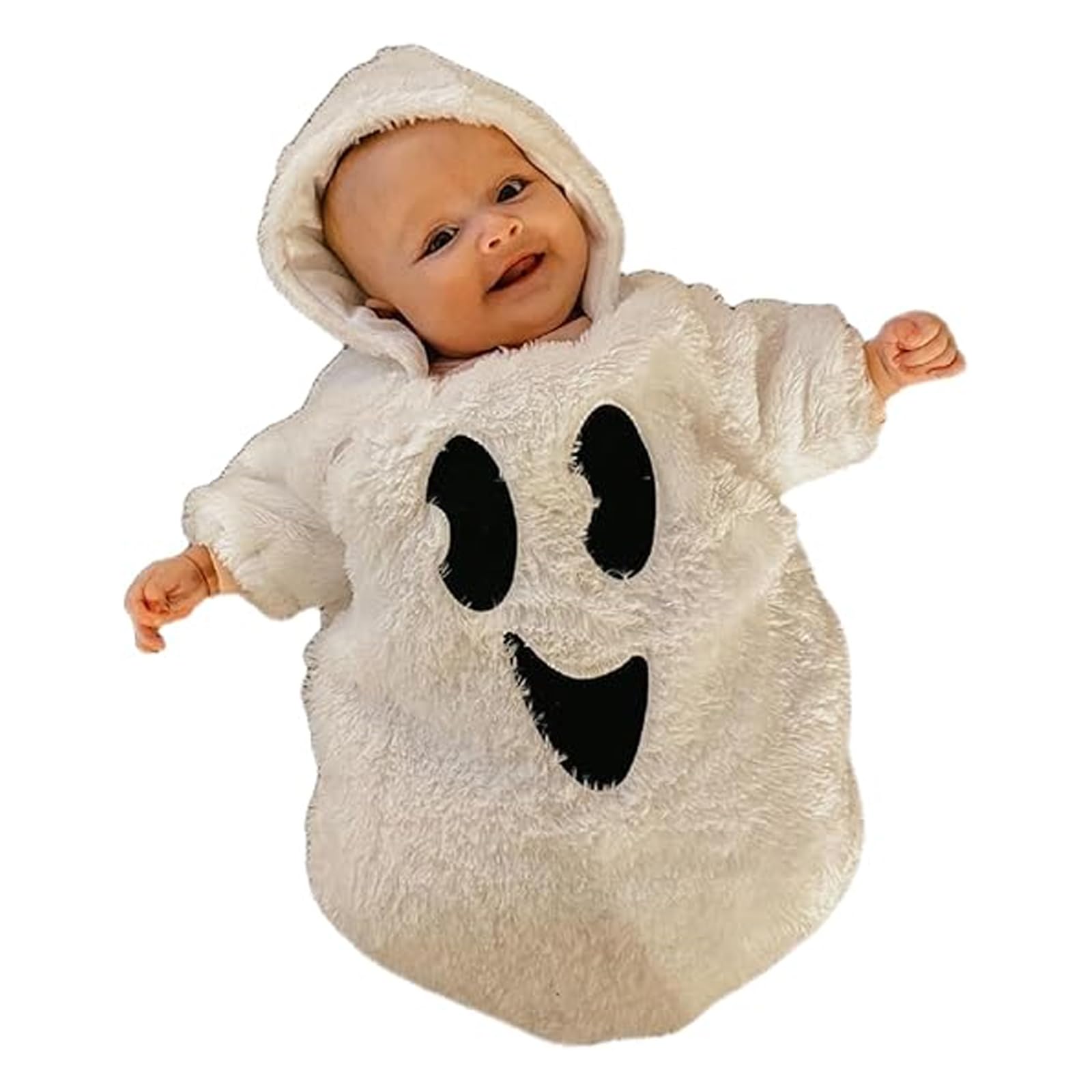 BABWWNIX Infant Baby Girl Boy Halloween Outfits Long Sleeve Plush Hoodie Romper Jumpsuit Cute Hoodie Ghost Bodysuit Costumes (White