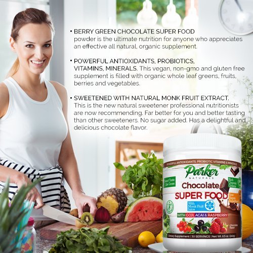 Berry Green Chocolate Superfood Powder with Organic Greens & Organic Fruits, Enzymes, Probiotics, Antioxidants, Vitamins, Minerals - Alkalize & Detox - Non GMO, Vegan & Gluten Free - 240 Grams.