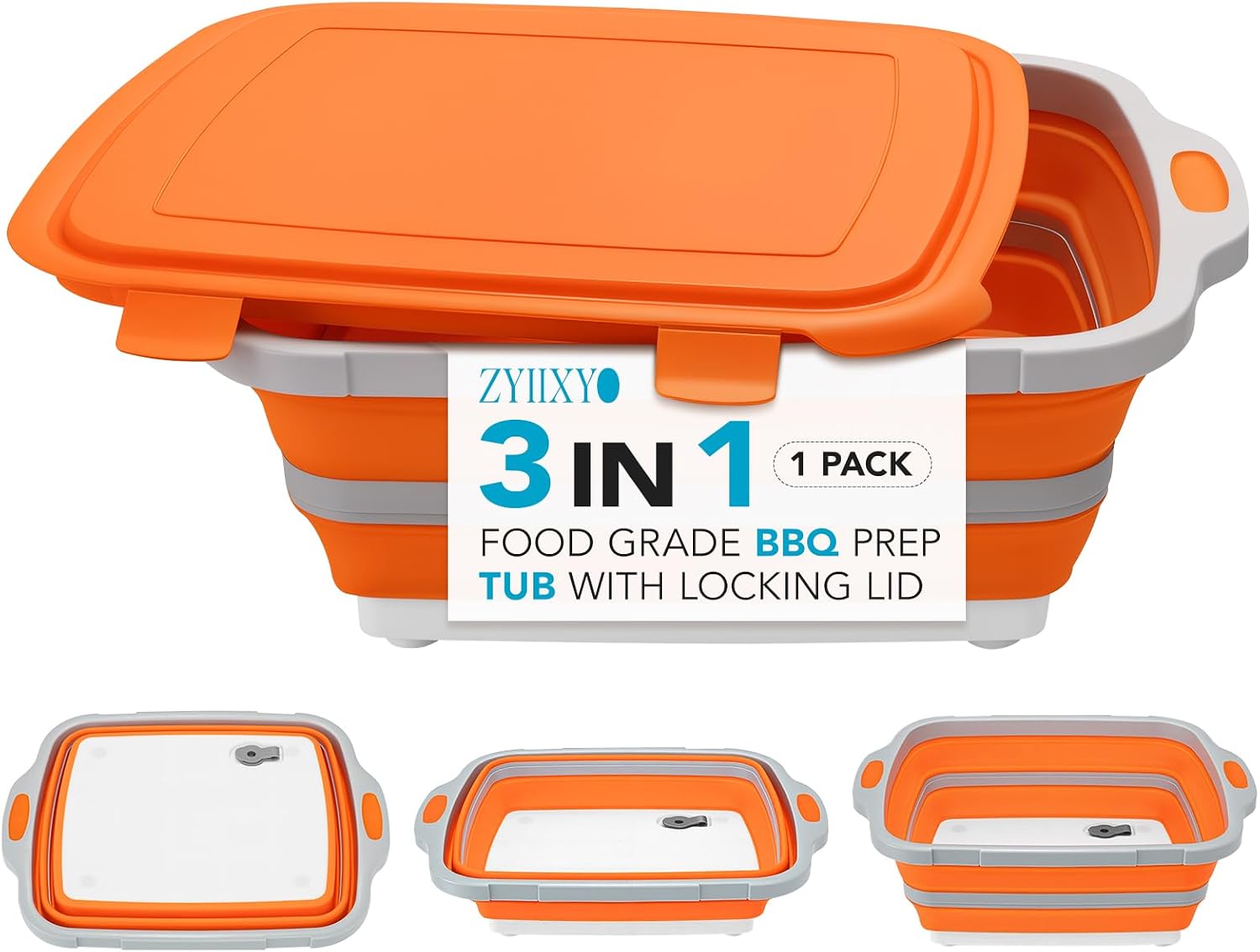 ZYIIXYO 3-in-1 Collapsible BBQ Prep Tub with Locking Lid, 16L Orange | Collapsible Bucket with Drain Plug, Thickened Food Prep Tub with Easy Cutting Board, Foldable Camping Sink, 4.22 Gallons