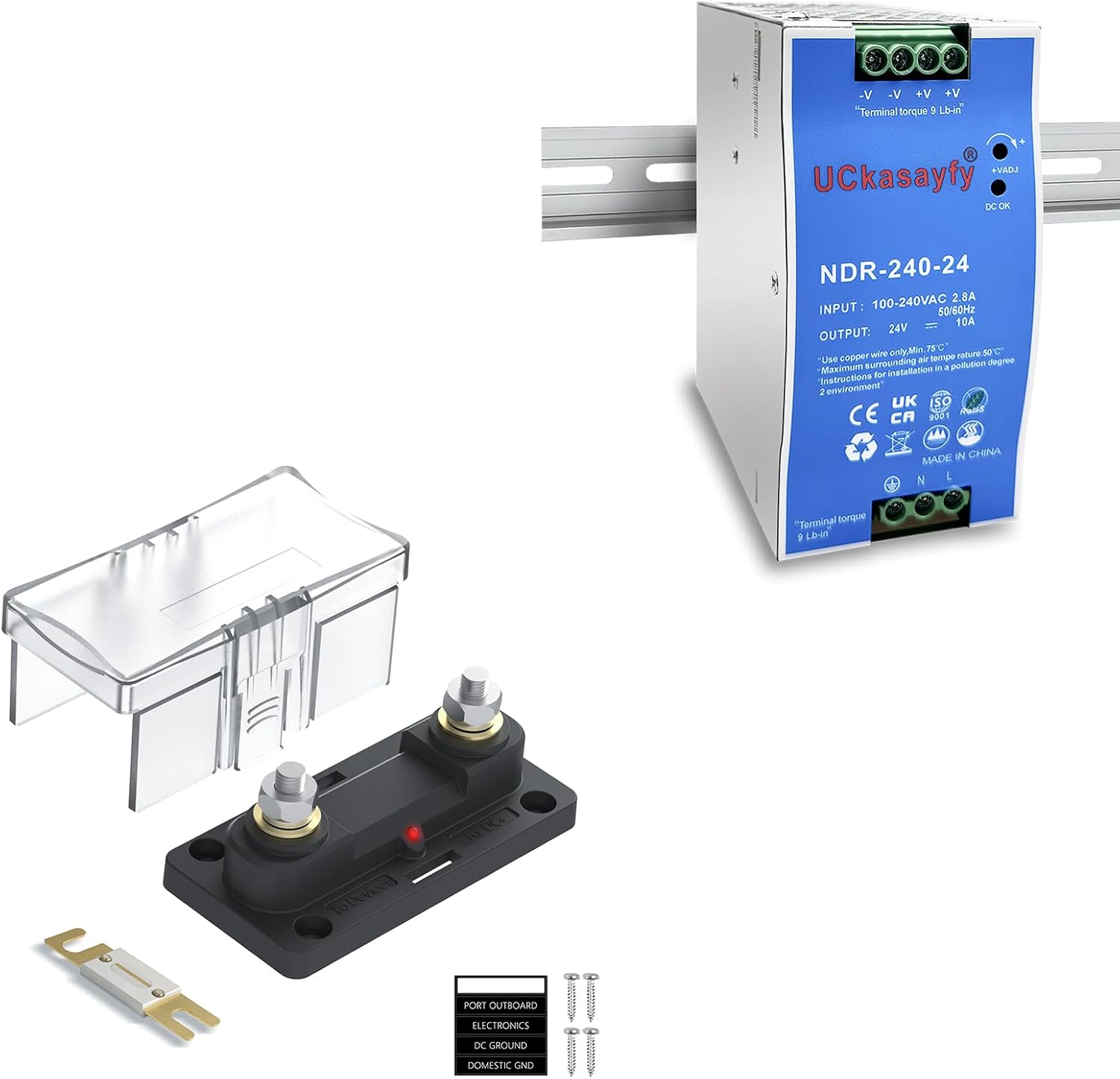 Bundle of NDR-240-24 DIN Rail Power Supply & 300A Fuse Box