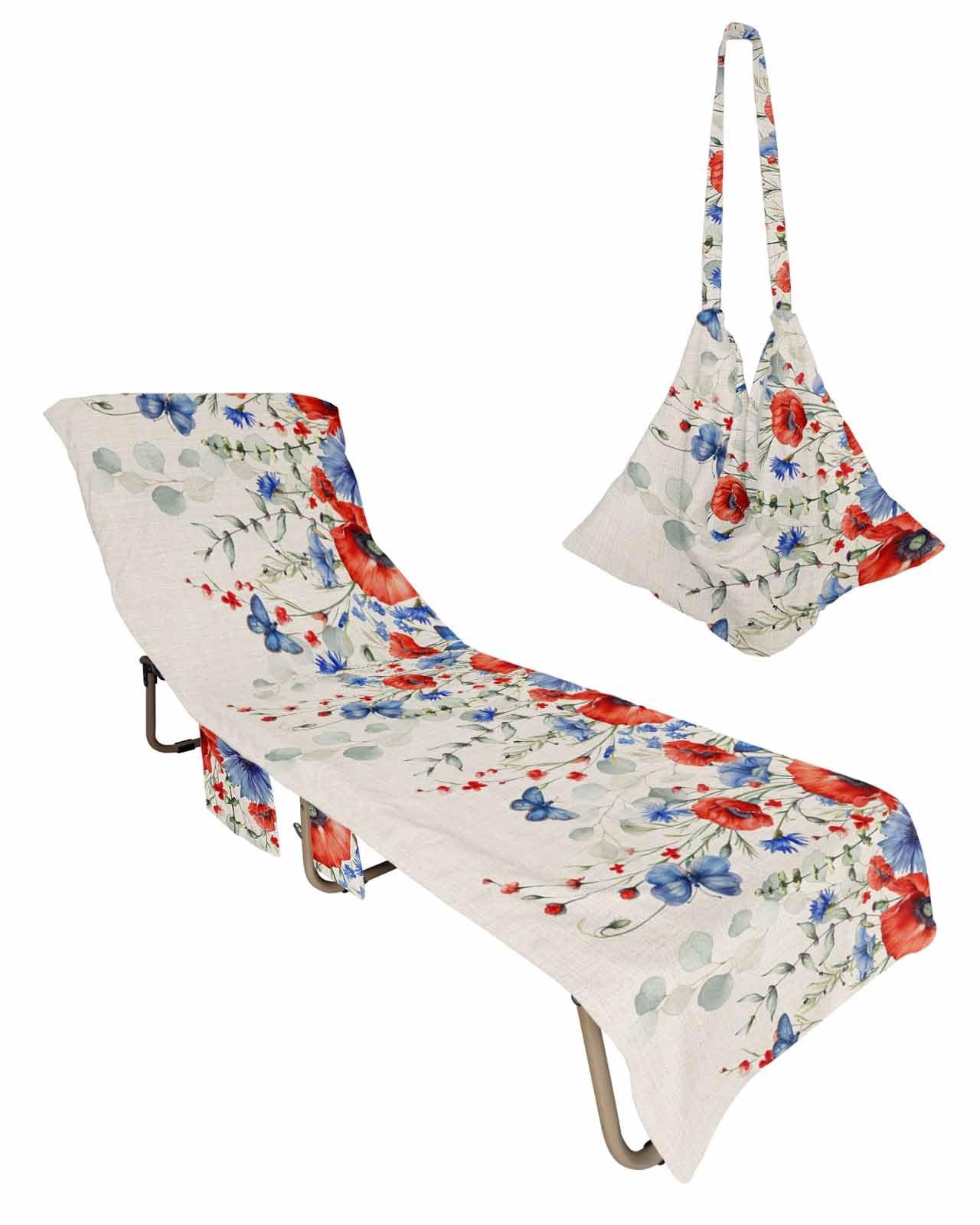 Blue Red Spring Floral Beach Lounge Chair Towel Cover, Soft Chaise Lounge Towel with Side Pockets Patio Pool Chairs Cover for Beach/Pool Sunbathing 29x85 4th of July Butterfly Botanical Rustic