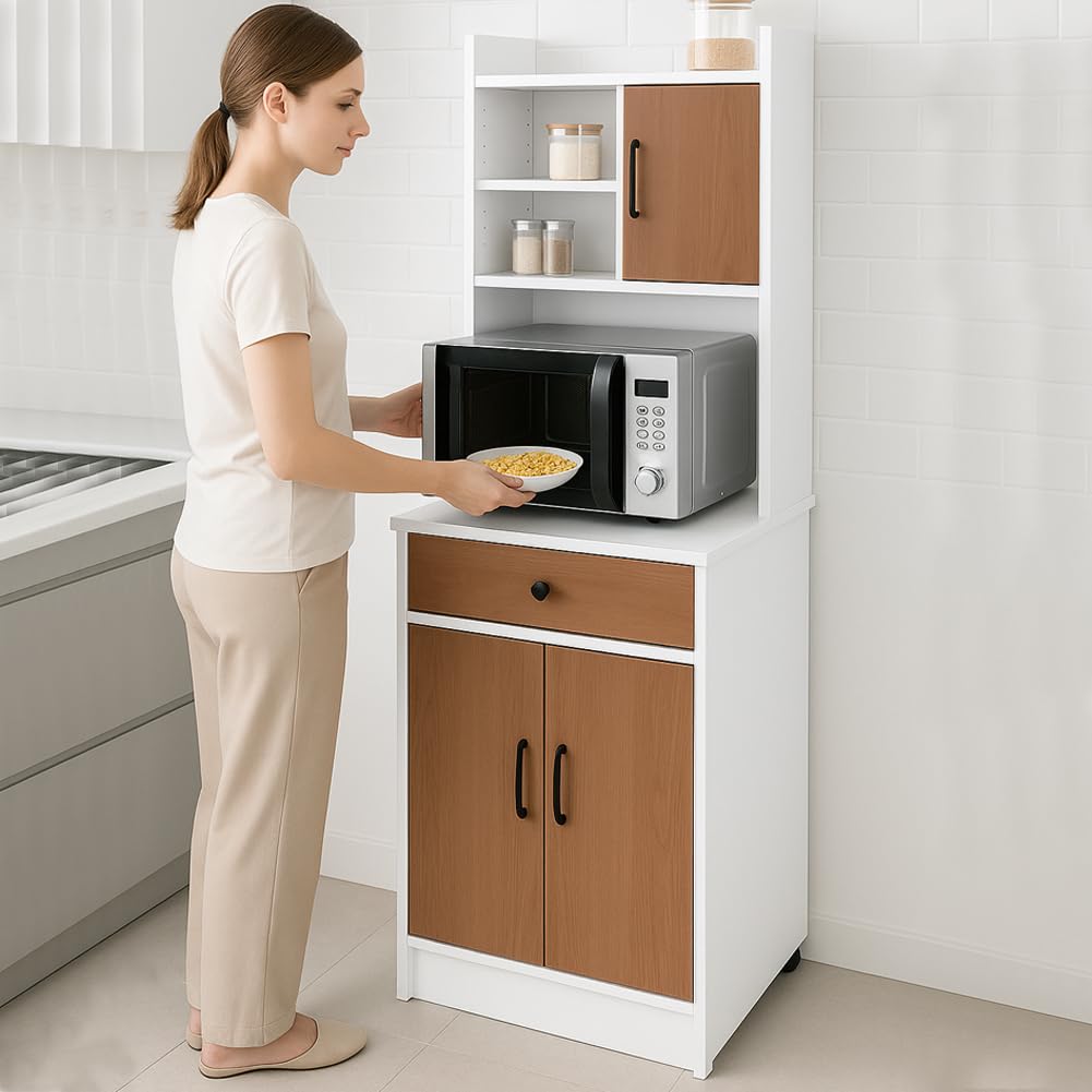 BAKAJI Armadio da Cucina Alto Multiuso, Credenza Mobile da Soggiorno, Sala da Pranzo, Salvaspazio, Sistema di Sicurezza, Mobiletto Dispensa con 2 Ante e 1 Cassetto, 55 x 40 x 180 cm (Bianco e Quercia)