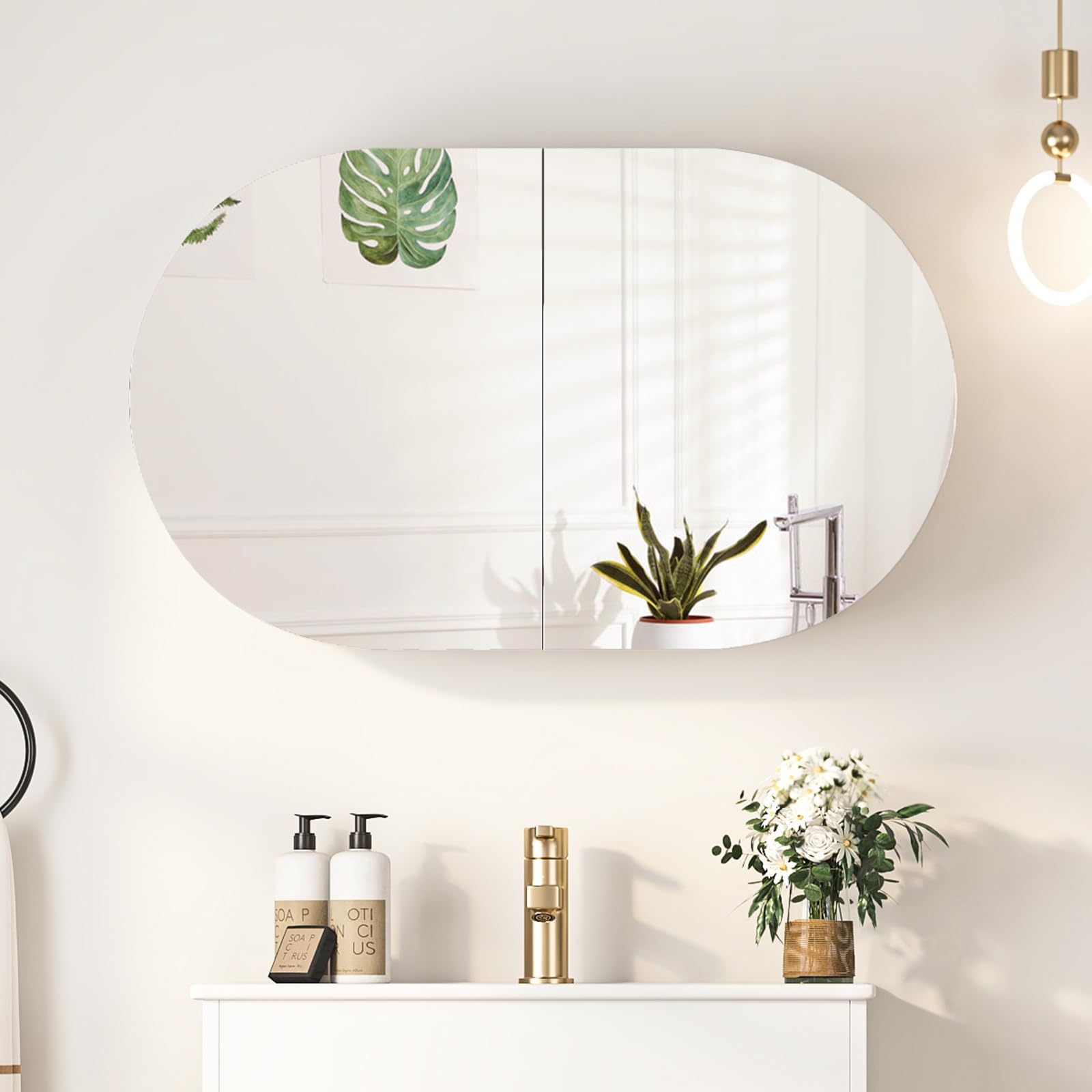 Mepplzian Bathroom Mirror Cabinets,Horizontal Oval Bathroom Cabinets with Mirror,Mirrored Bathroom Cabinet Wall Mounted,Bathroom Wall Cabinets with 2 Butterfly Door,Bathroom Mirror with Storage 66x40