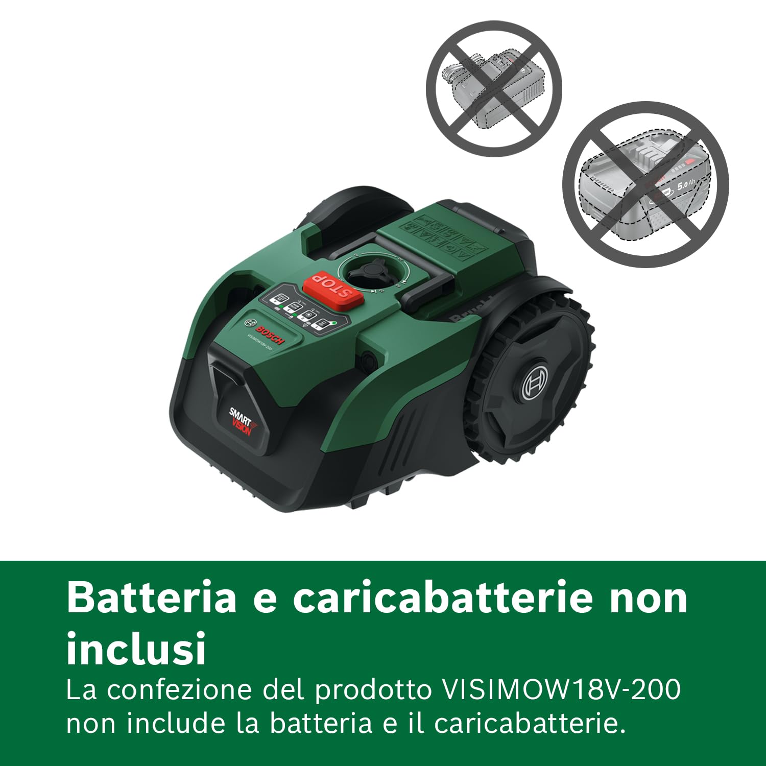 Bosch Robot rasaerba a batteria VISIMOW18V-200 (per prati fino a 200 m², larghezza di taglio: 18 cm, altezza di taglio: 20-60 mm, senza batteria)