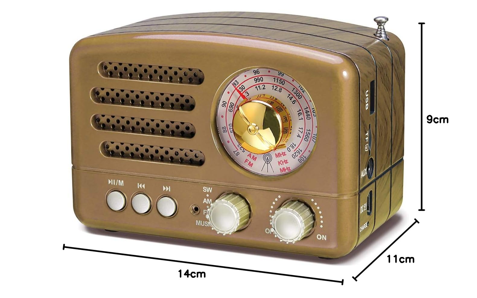 Poste Radio Portable, PRUNUS J-160 Radio Vintage Bluetooth avec Batterie Rechargeable 1800mAh, FM/AM (MW)/SW Bouton de Réglage Extra Large, TransistorRadio Prise en Charge de la Carte TF/USB (Gold)