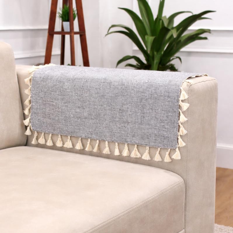 Image of STITCHNEST Jute Sofa Arm Cover with Tassels | Elegant Textured Hand Rest Protector | Durable & Long-Lasting | 18 x 22 Inches