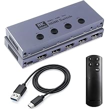 HDMI Switch 4 in 1 Out 8K@60Hz 4K@240Hz 48Gbps Aluminum HDMI 2.1 Switcher with IR Remote, 4 Port HDMI Selector Compatible with Popular Gaming Consoles and Media Devices