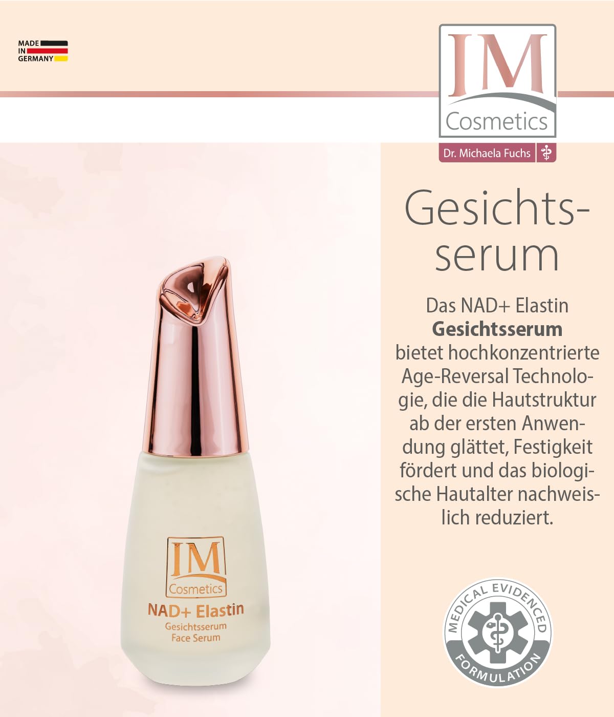 Genius IM Cosmetics NAD+ Elastin intensiv Gesichtspflege 3‑tlg. – Anti‑Aging Serum, Creme & Körperlotion – Anti Falten, straffend & glättend – für empfindliche Haut Geschenkset Dr. Michaela Fuchs