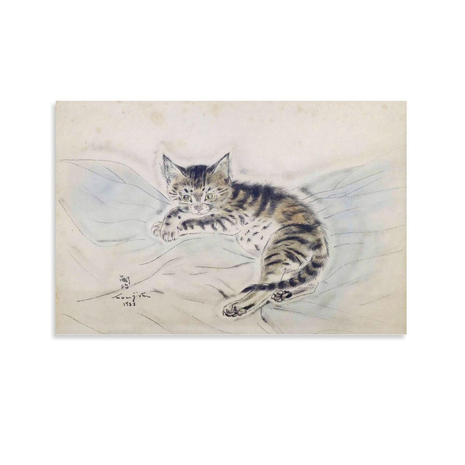 藤田嗣治　可愛い子猫の油彩画 金色フレーム付き 藤田嗣治 可愛い子猫の油彩画 金色フレーム付き 藤田嗣治 可愛い