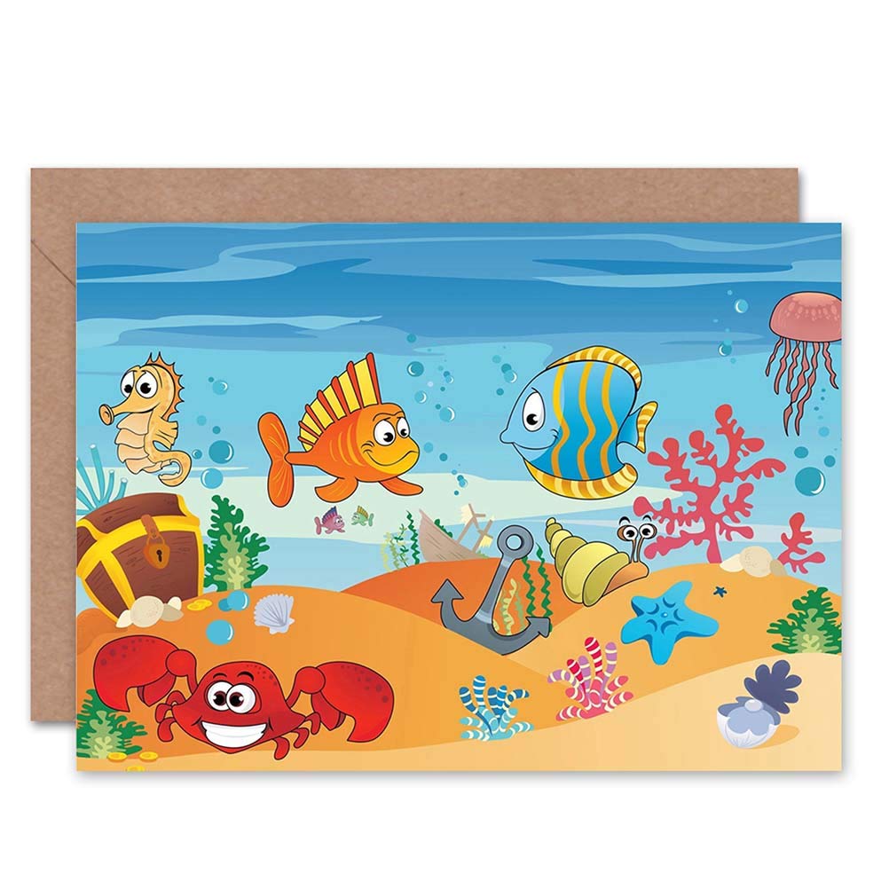 Wee Blue Coo Kindergeburtstagskarte – „Hai-Angriff“ Cartoon-Motiv | 17,5 X 12,5 Cm, Mit Umschlag, Innen Leer