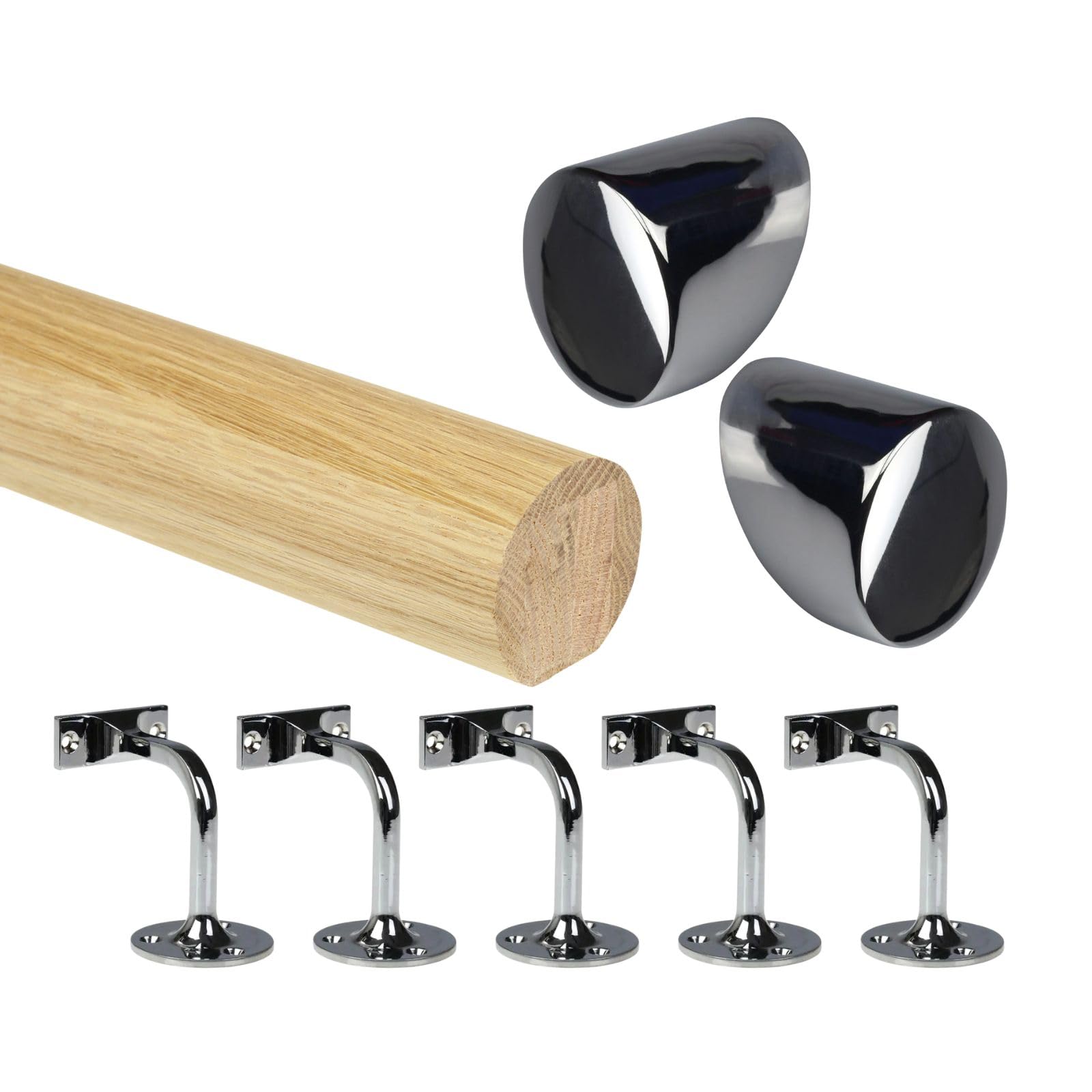 Jackson Woodturners Chrome Oak Round Mopstick Handrail Kit With Wall Brackets & Forge End Caps – 1800–4200Mm, /Black/Brushed Nickel/Antique Brass (, 4200Mm)