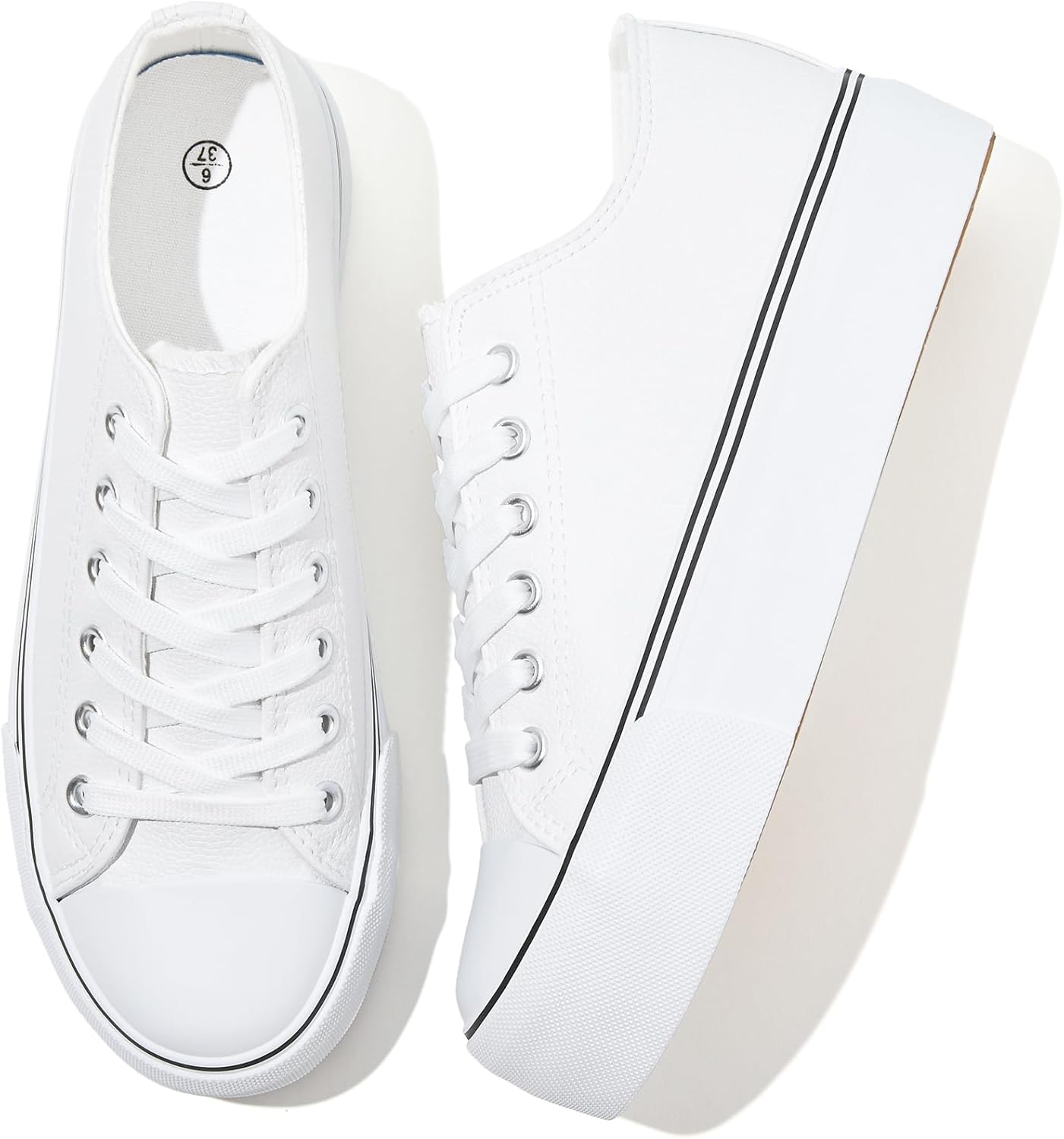Rominz Women's White Platform Sneakers PU Leather Platform Shoes Classic Black Low Top Sneakers Casual Walking Shoes for Women